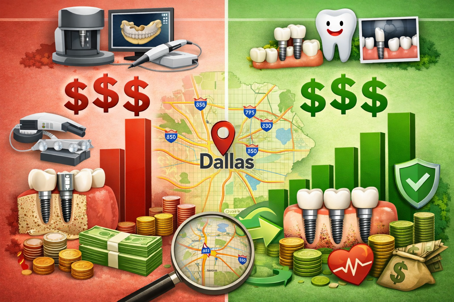 Detailed landscape format (1536x1024) image illustrating the financial aspect of 3D guided dental implants. A visually engaging infographic