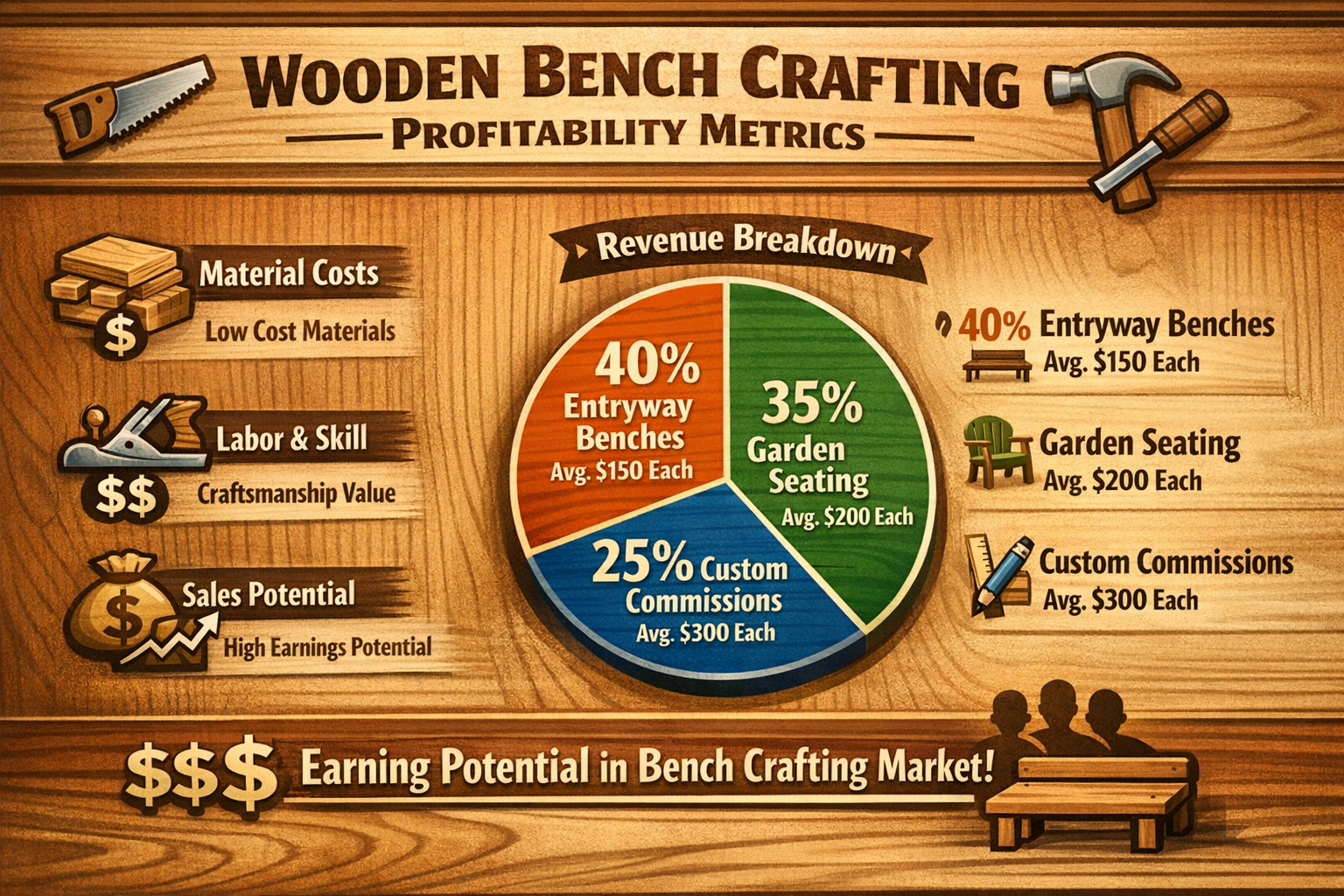Infographic-style visualization showcasing key profitability metrics for wooden bench crafting, featuring bold icons representing woodworkin