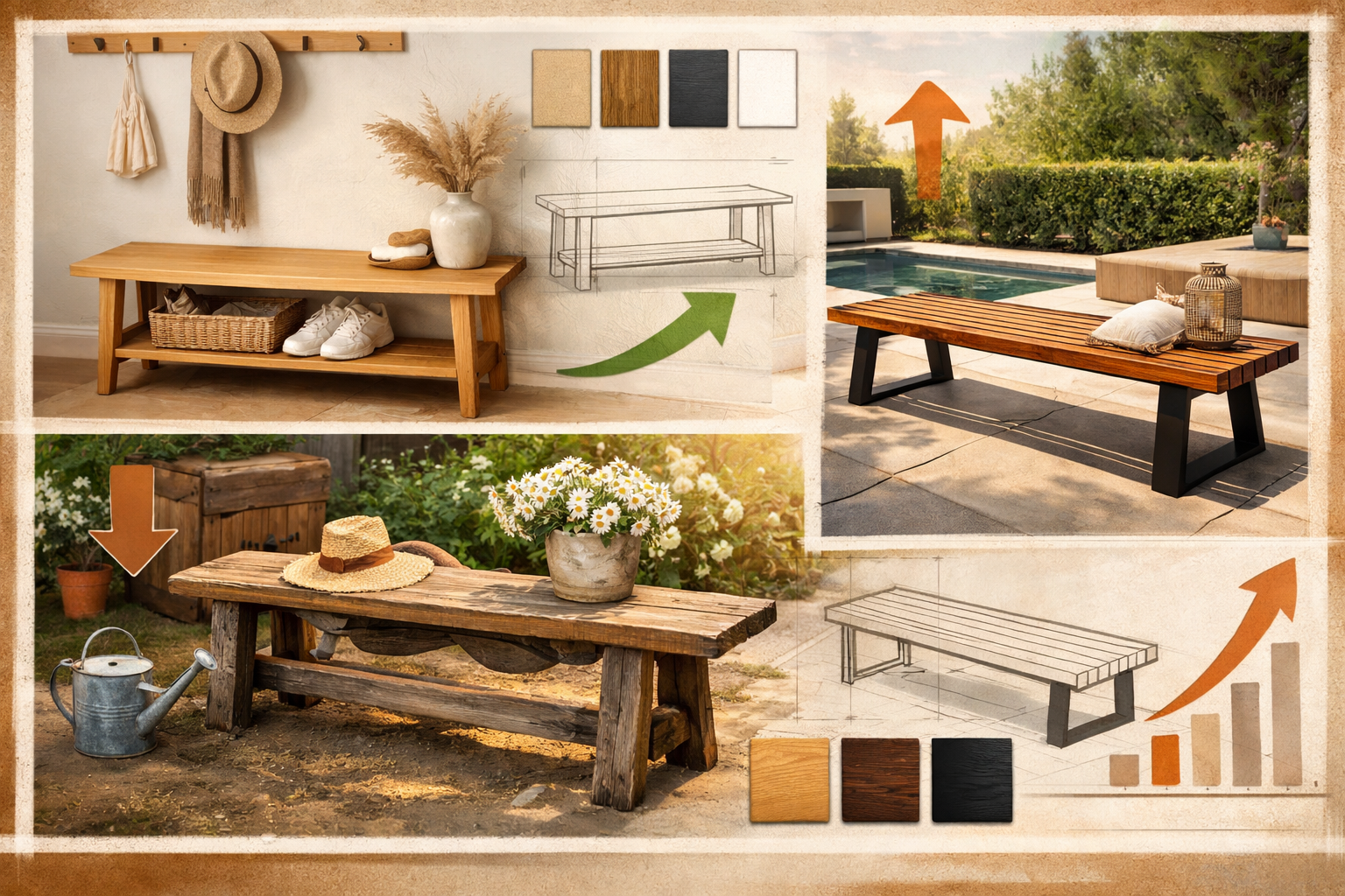Curated lifestyle montage showcasing diverse wooden bench designs targeting different market segments: minimalist Scandinavian entryway benc