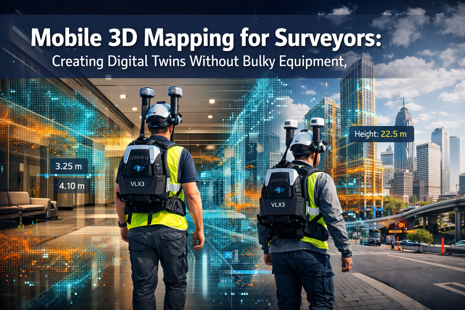Professional landscape format (1536x1024) hero image featuring bold text overlay 'Mobile 3D Mapping for Surveyors: Creating Digital Twins Wi