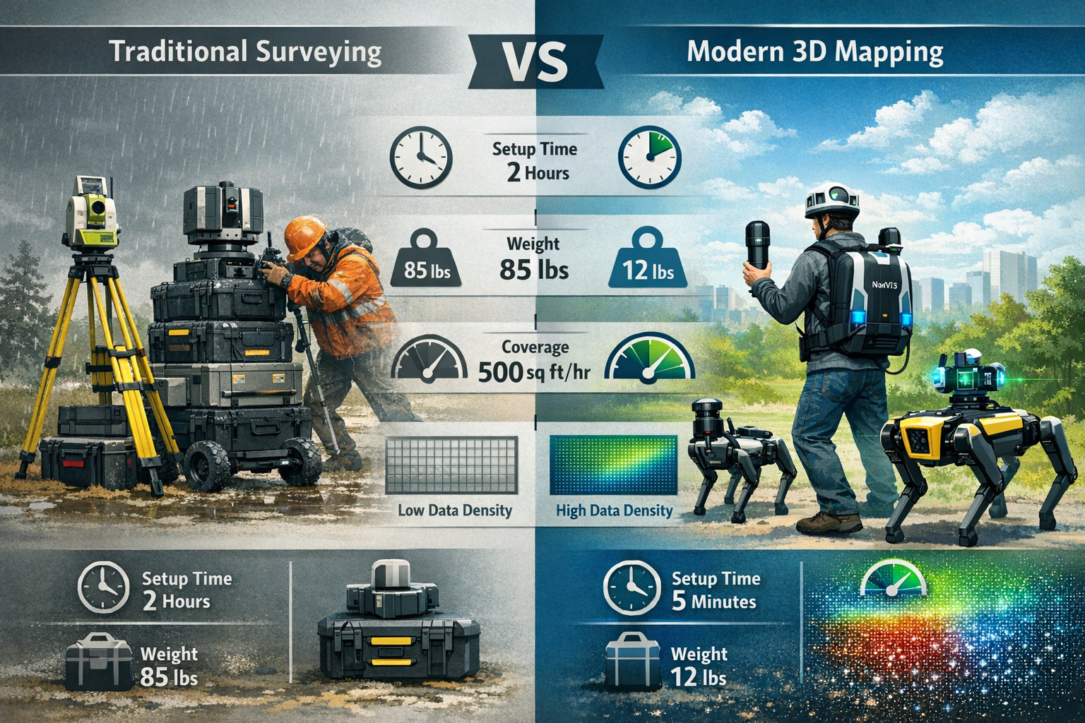 Detailed landscape format (1536x1024) comparison infographic showing traditional surveying equipment versus modern mobile 3D mapping systems