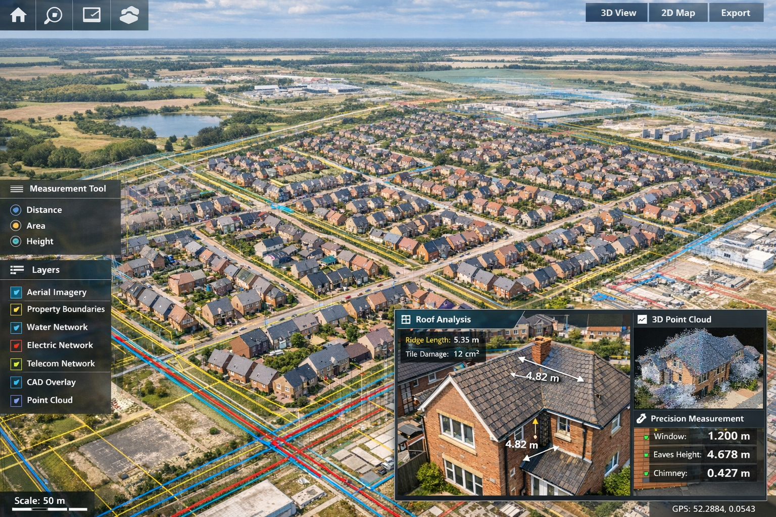 Detailed landscape format (1536x1024) cutaway architectural visualization showing Northstowe new town development digital twin implementatio