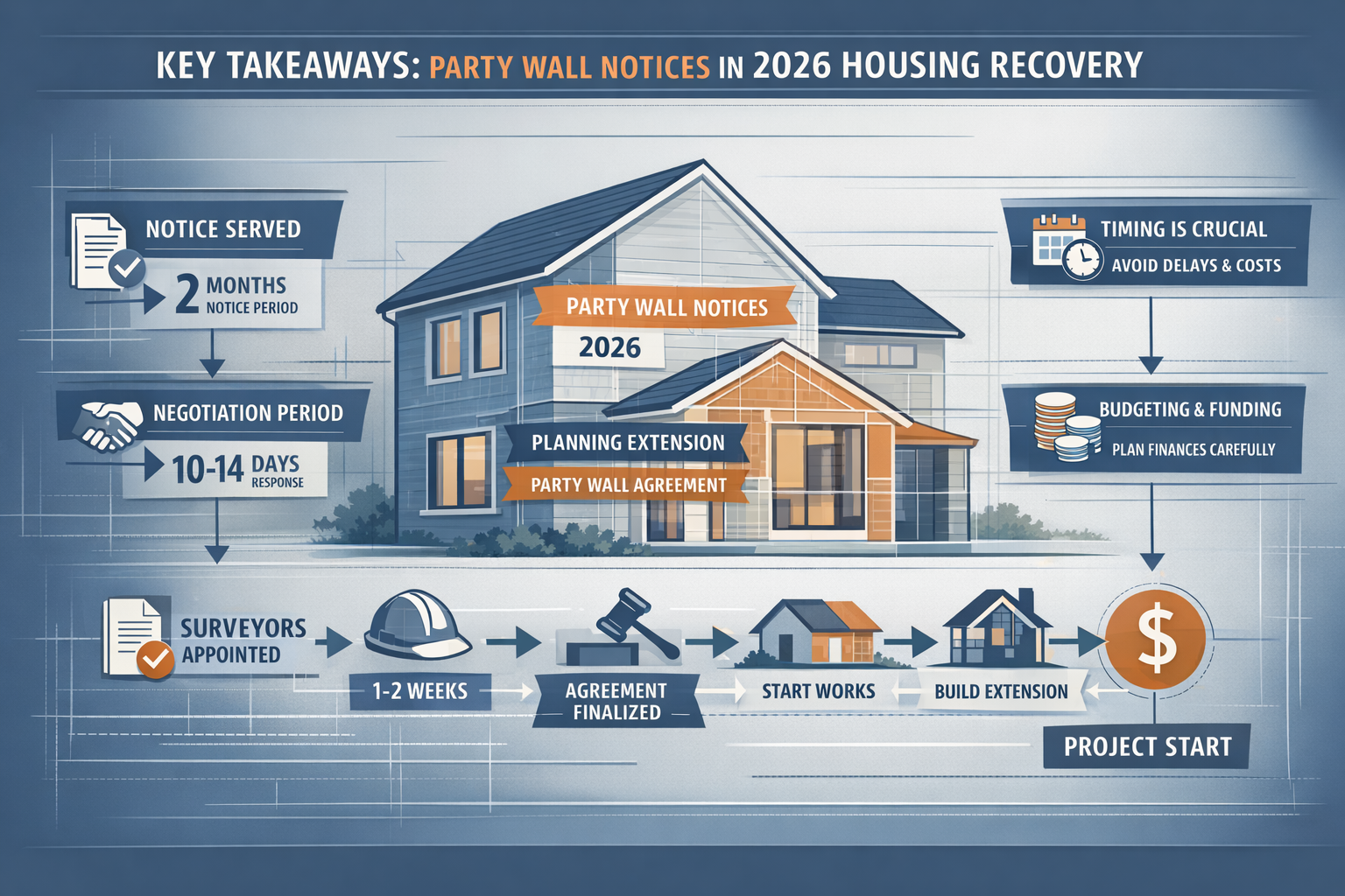 Landscape editorial infographic representing 'Key Takeaways' for Party Wall Notices in 2026 Housing Recovery. Central