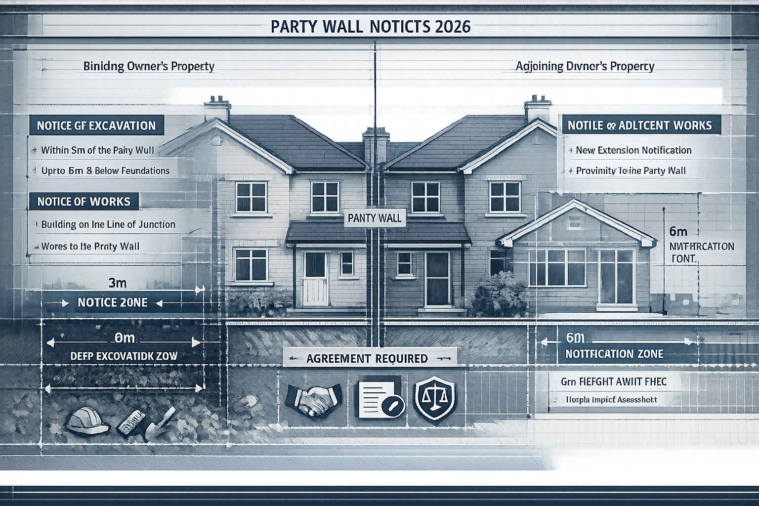 Technical architectural visualization depicting the legal framework for Party Wall Notices in 2026, featuring a split-screen