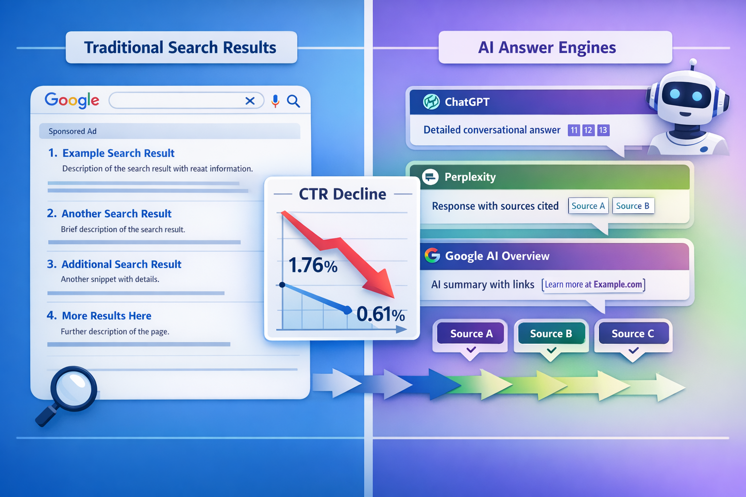Detailed () infographic showing side-by-side comparison of traditional search results versus AI answer engine responses.