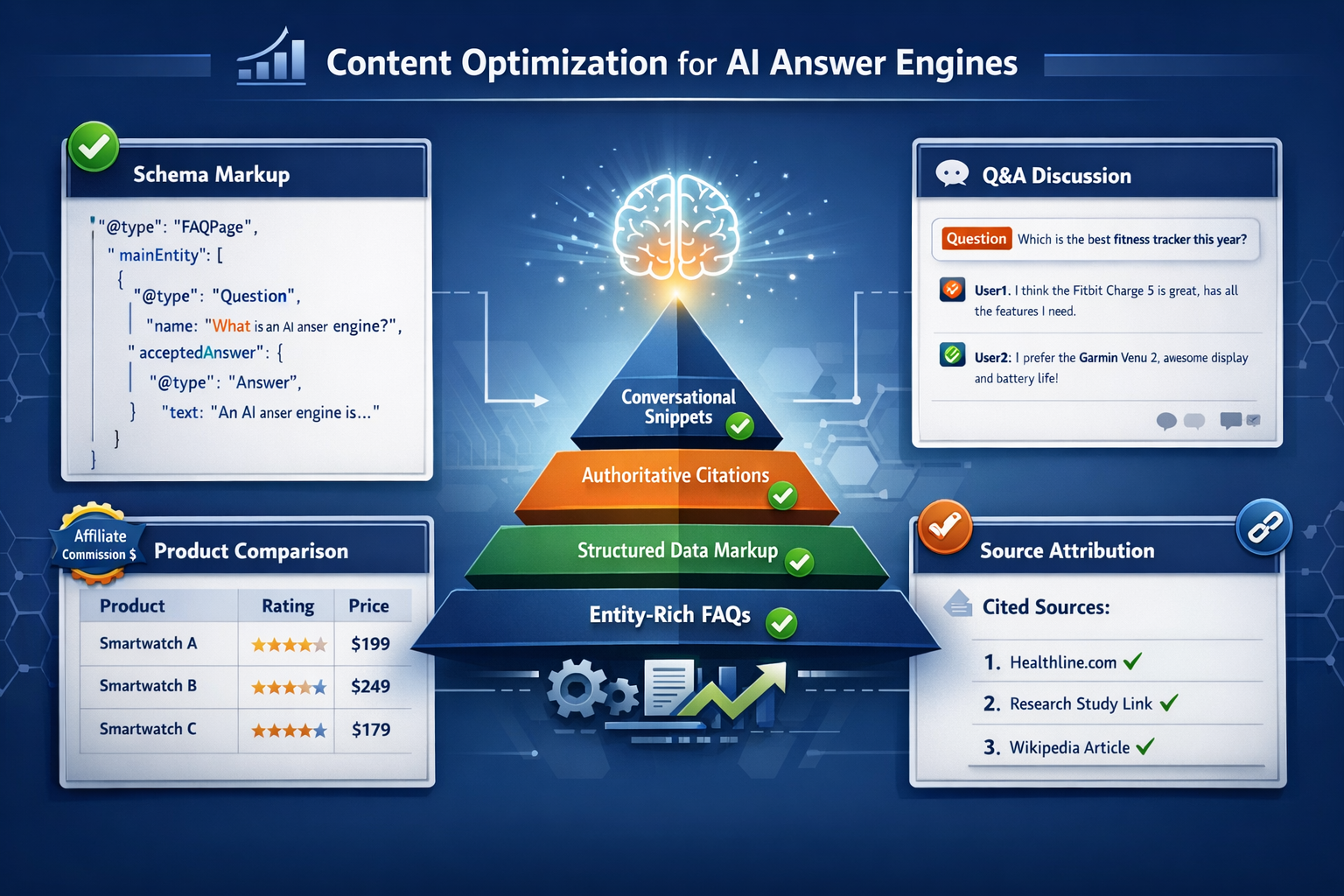 Detailed () strategic playbook visualization showing content optimization framework for AI answer engines. Center features