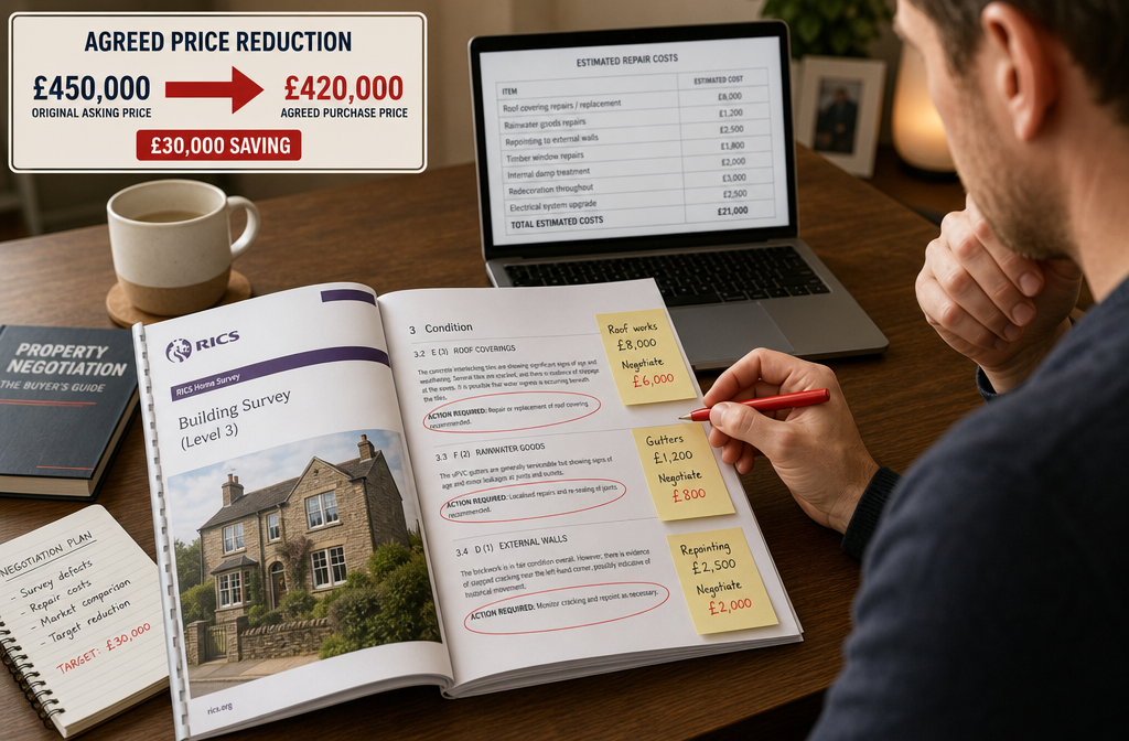 Wide-angle editorial photograph of a UK homebuyer sitting at a wooden desk reviewing a thick RICS building survey report,