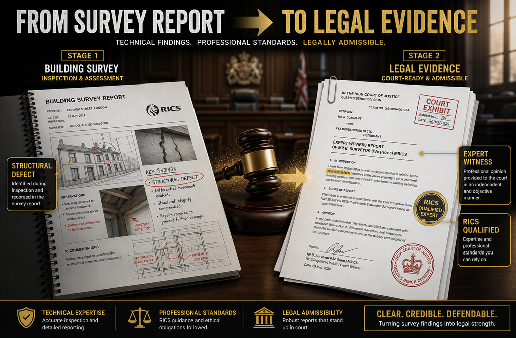 Close-up editorial illustration of a building survey report page transforming into a legal document, shown as a visual