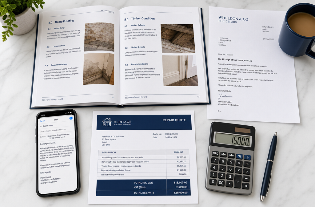 Overhead flat-lay photograph of a negotiation table with a UK building survey report open to a damp and timber section,