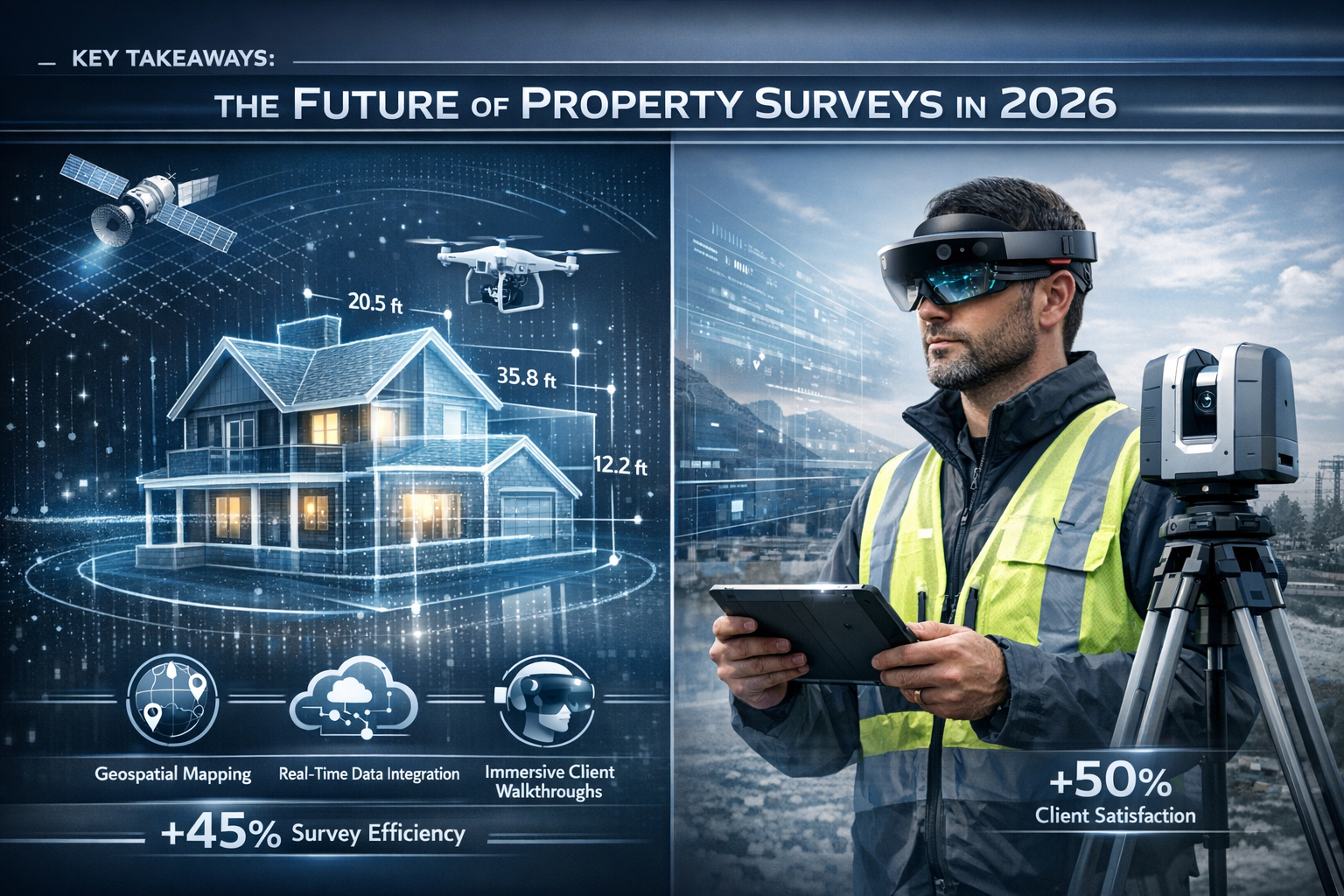 Key Takeaways section infographic: Futuristic split-screen visualization showcasing AR/VR property survey technologies in 2026. Left side di
