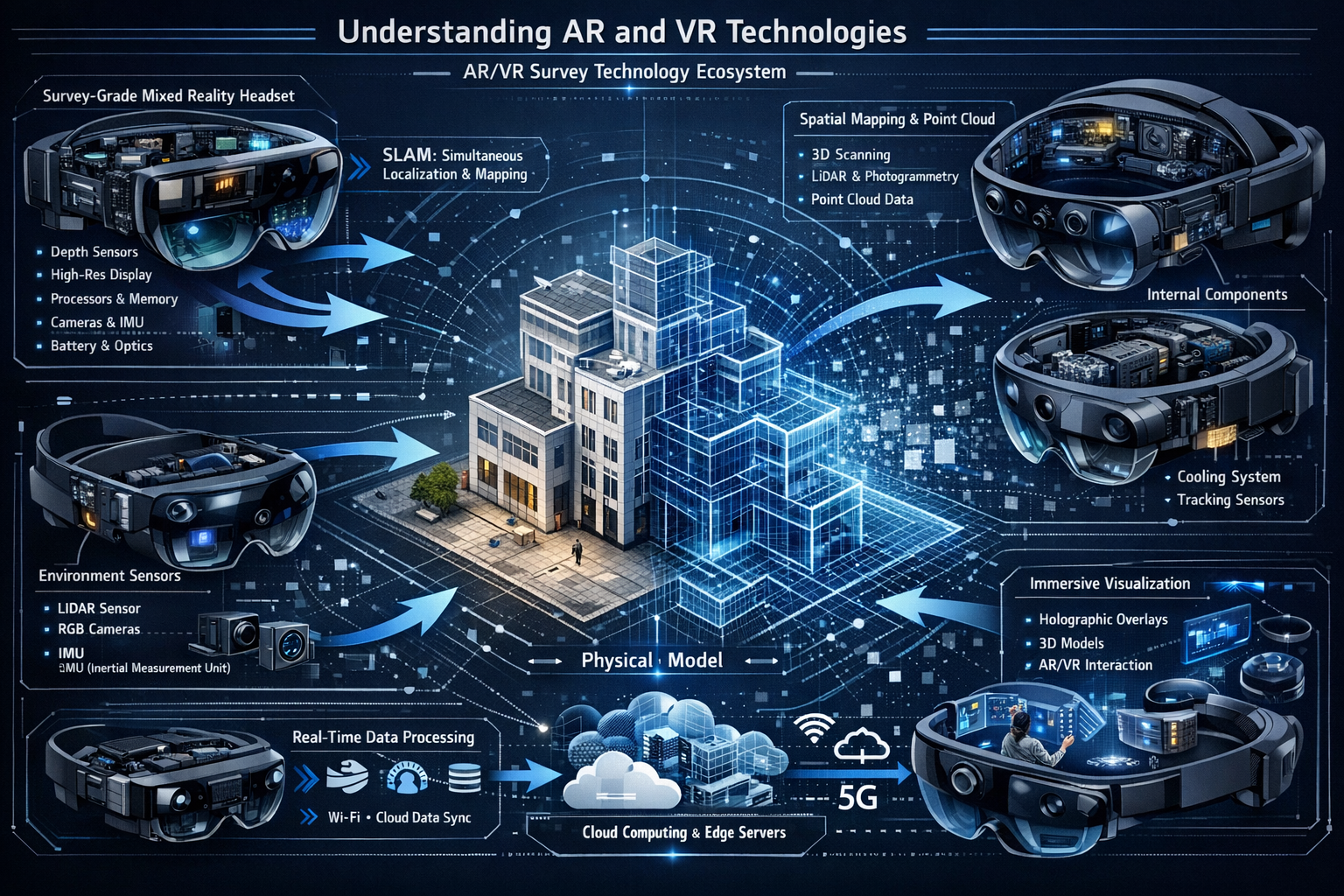 Understanding AR and VR Technologies section: Comprehensive technical diagram illustrating AR/VR survey technology ecosystem. Central 3D arc