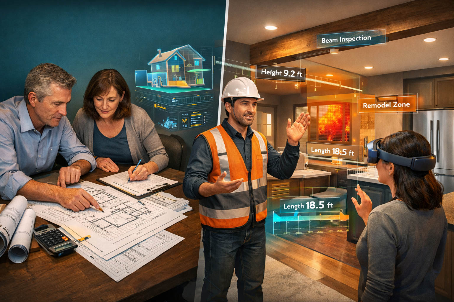 AR and VR in Property Surveys section: Immersive split-screen visualization demonstrating client engagement transformation. Left panel shows