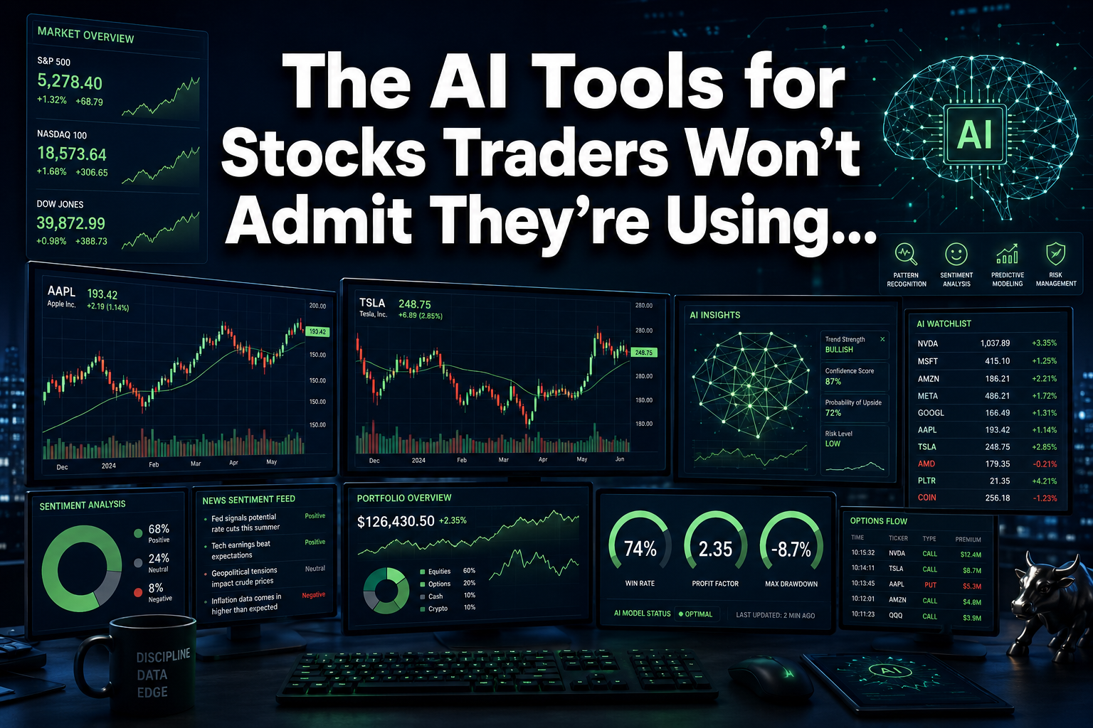 Professional () hero image with : 'The AI Tools for Stocks Traders Won't Admit They're Using...' in extra large white with