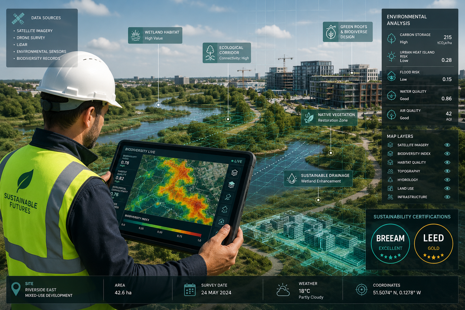 Wide-angle () editorial illustration showing a property surveyor in hi-vis vest using a GIS tablet displaying real-time