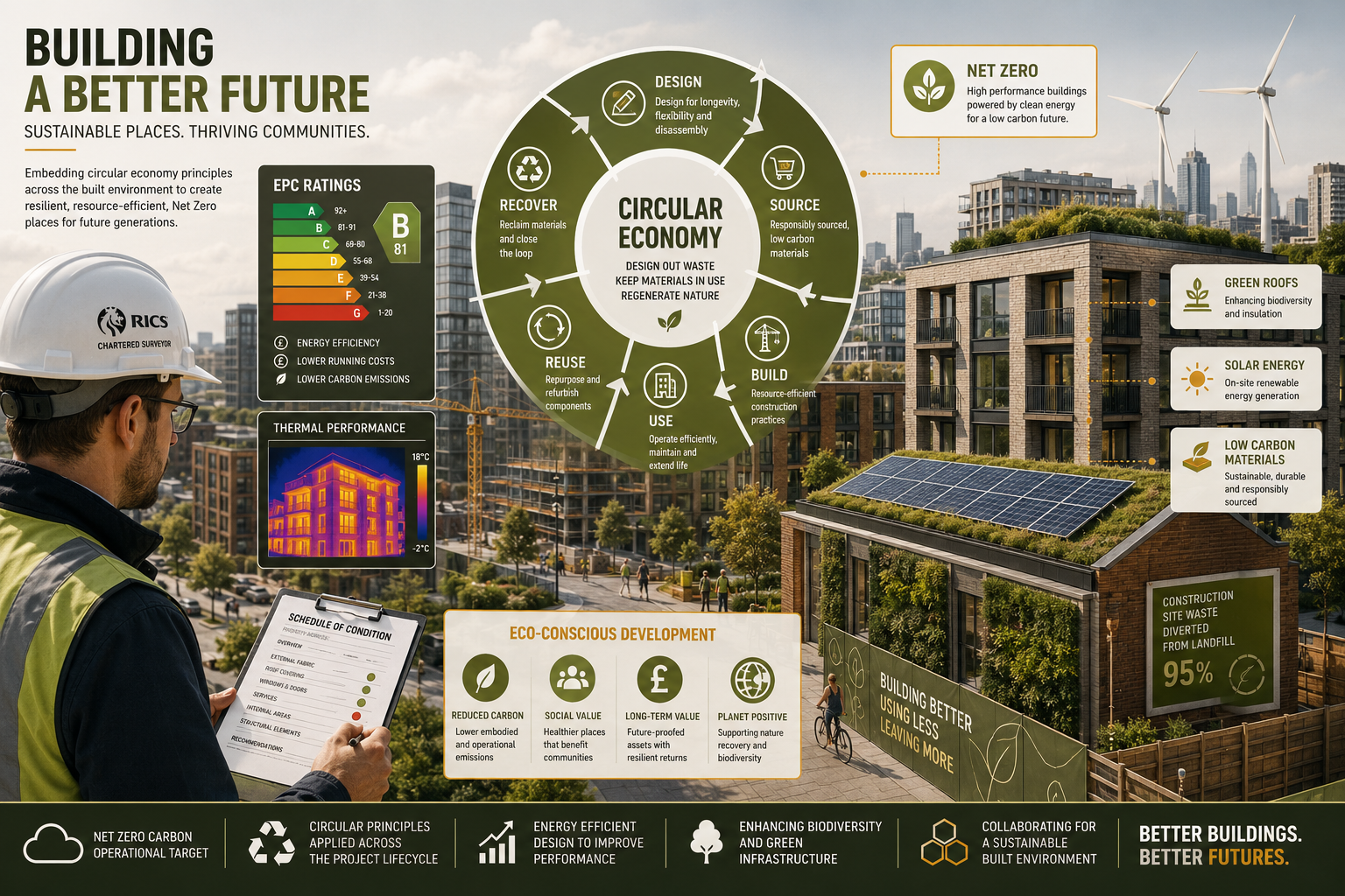 () conceptual illustration of a circular economy diagram overlaid on a UK urban property development scene, showing