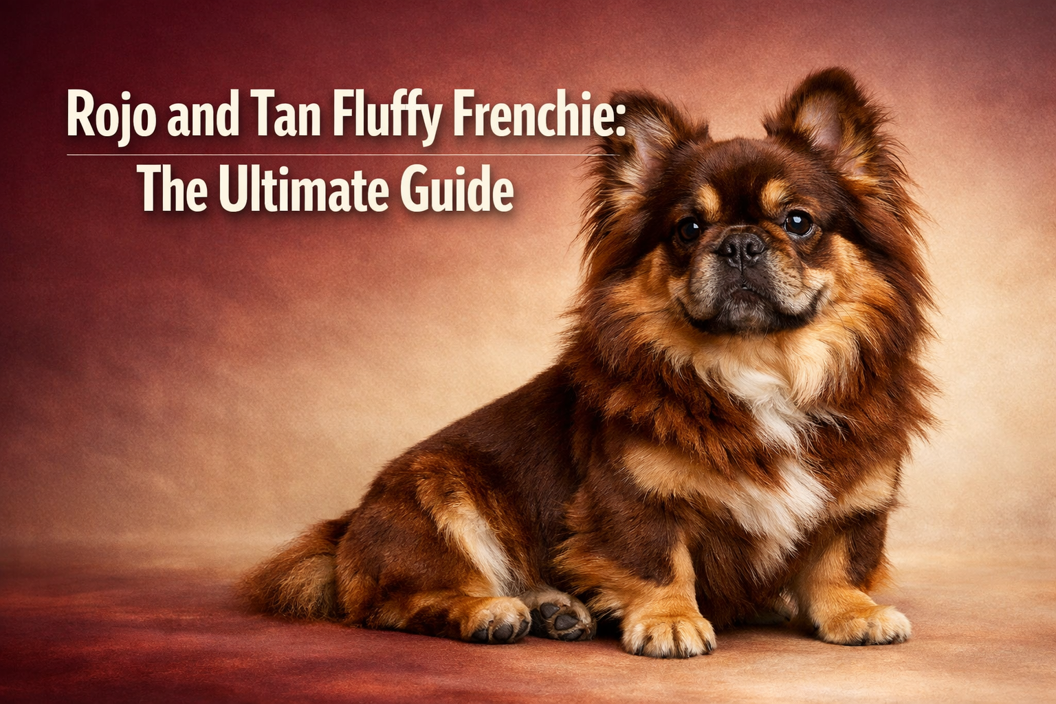 Professional landscape hero image (1536x1024) featuring an adorable rojo and tan fluffy French Bulldog with luxurious long coat in beautiful