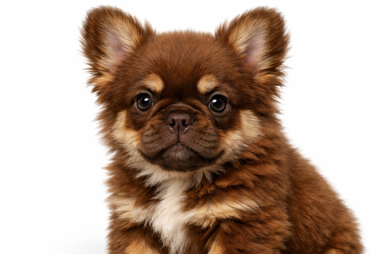Detailed close-up portrait of a rojo and tan fluffy French Bulldog puppy showing the distinctive reddish-brown base color with tan point mar