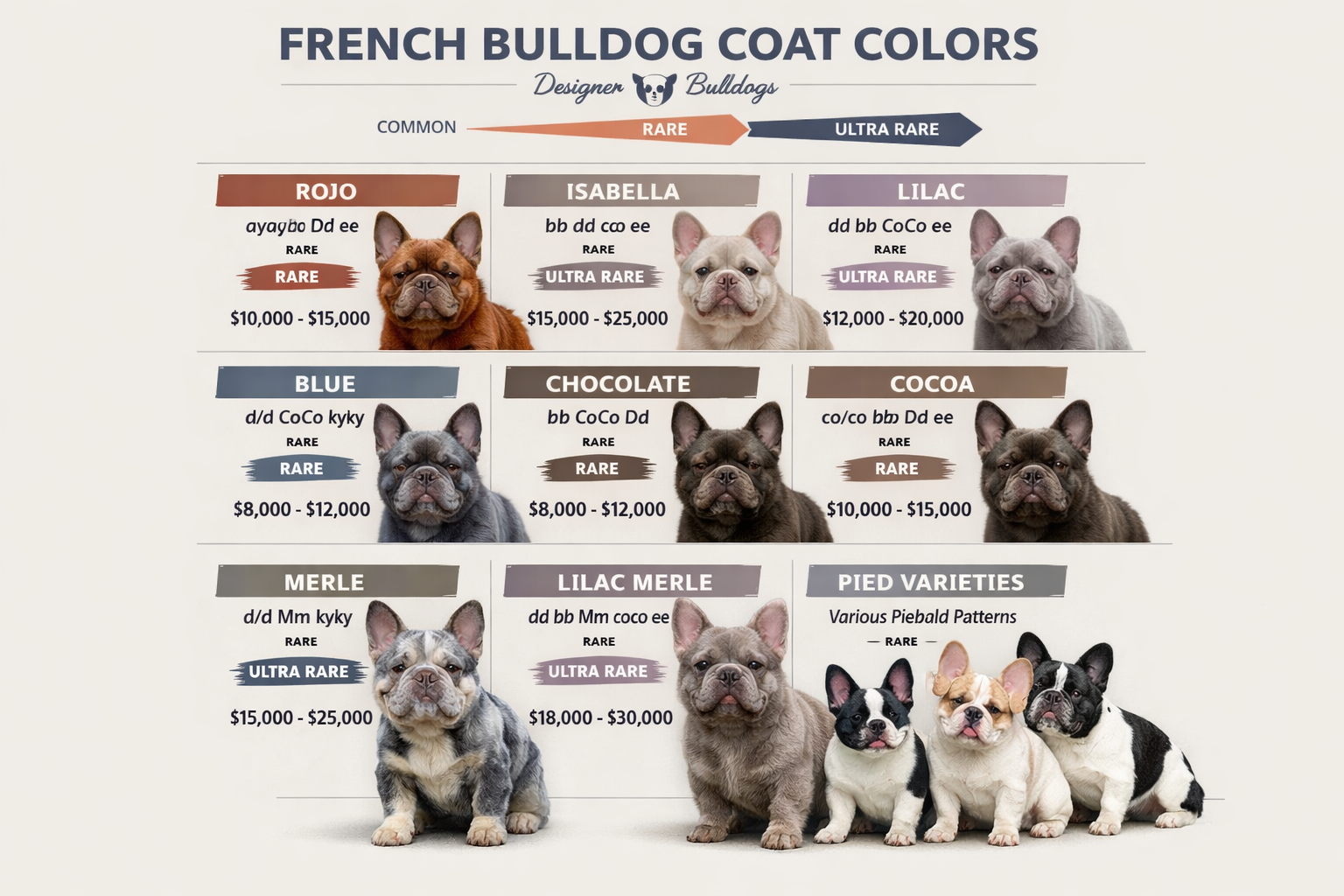 Comprehensive color chart infographic showing various fluffy French Bulldog coat colors arranged in a grid format. Features actual photos of