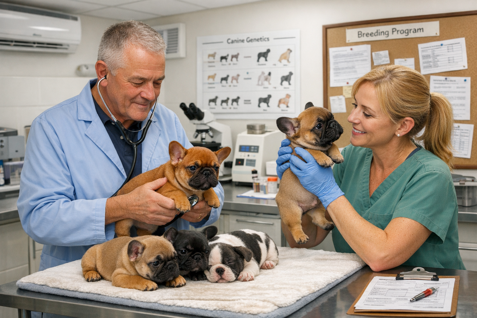 Professional breeding facility scene showing experienced breeders examining fluffy French Bulldog puppies of various colors including rojo a