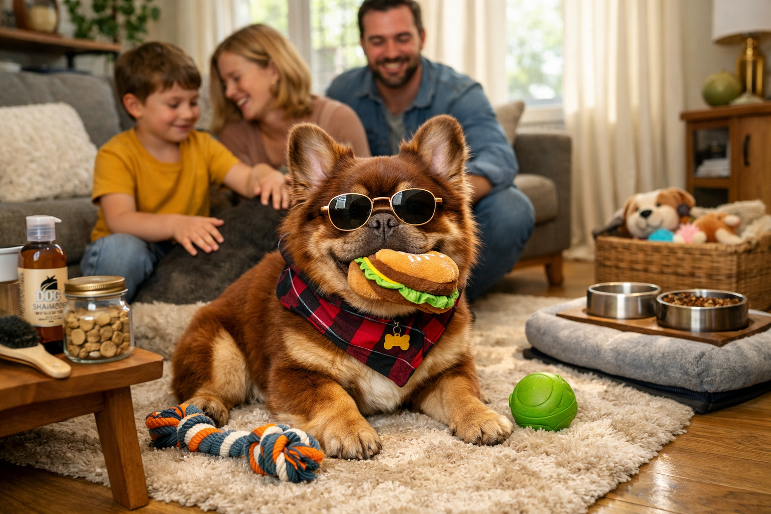 Lifestyle scene of a rojo and tan fluffy French Bulldog living happily in a modern home environment. Dog wearing stylish accessories, playin