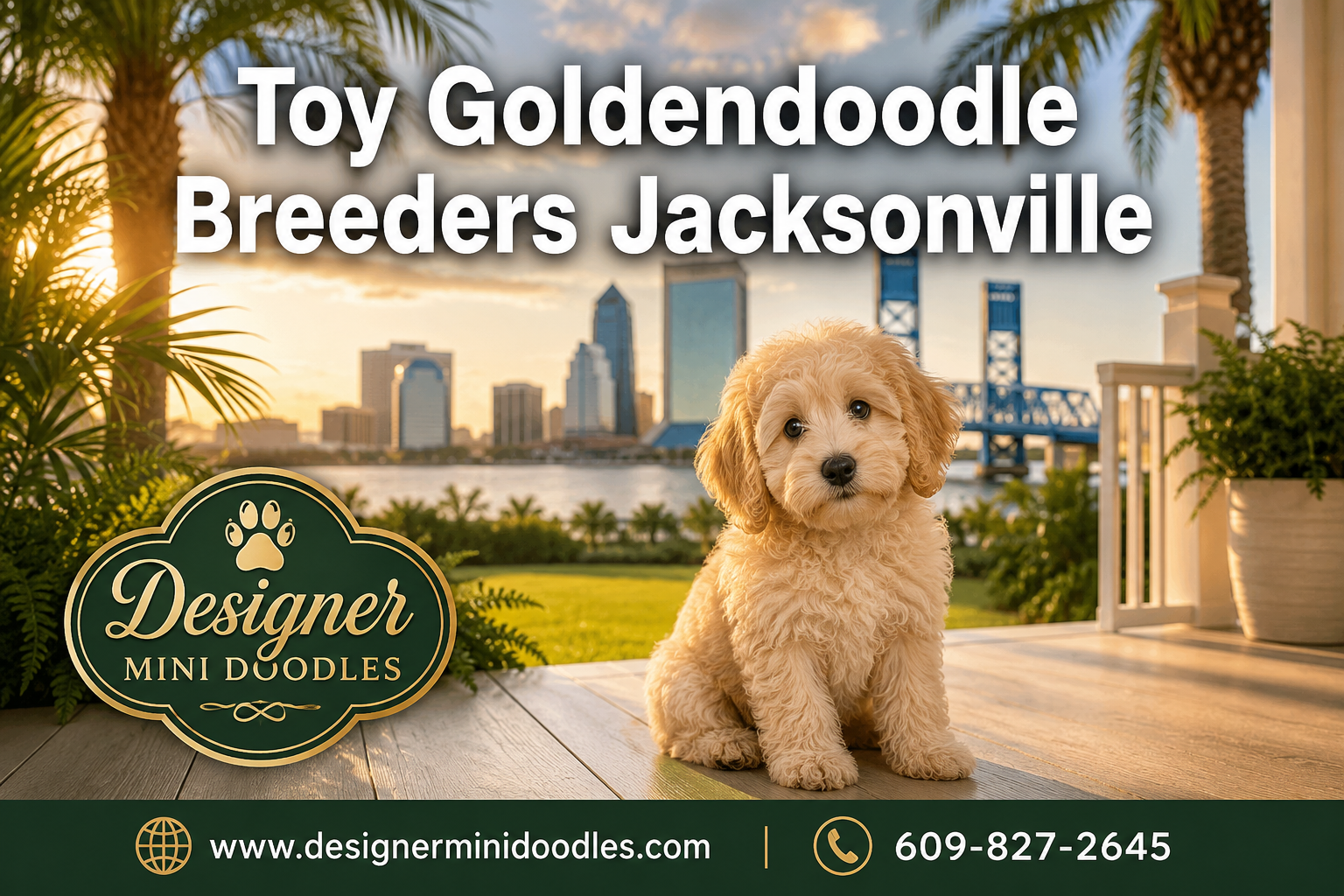 Professional () hero image featuring 'Toy Goldendoodle Breeders Jacksonville' in extra large white with dark effect,