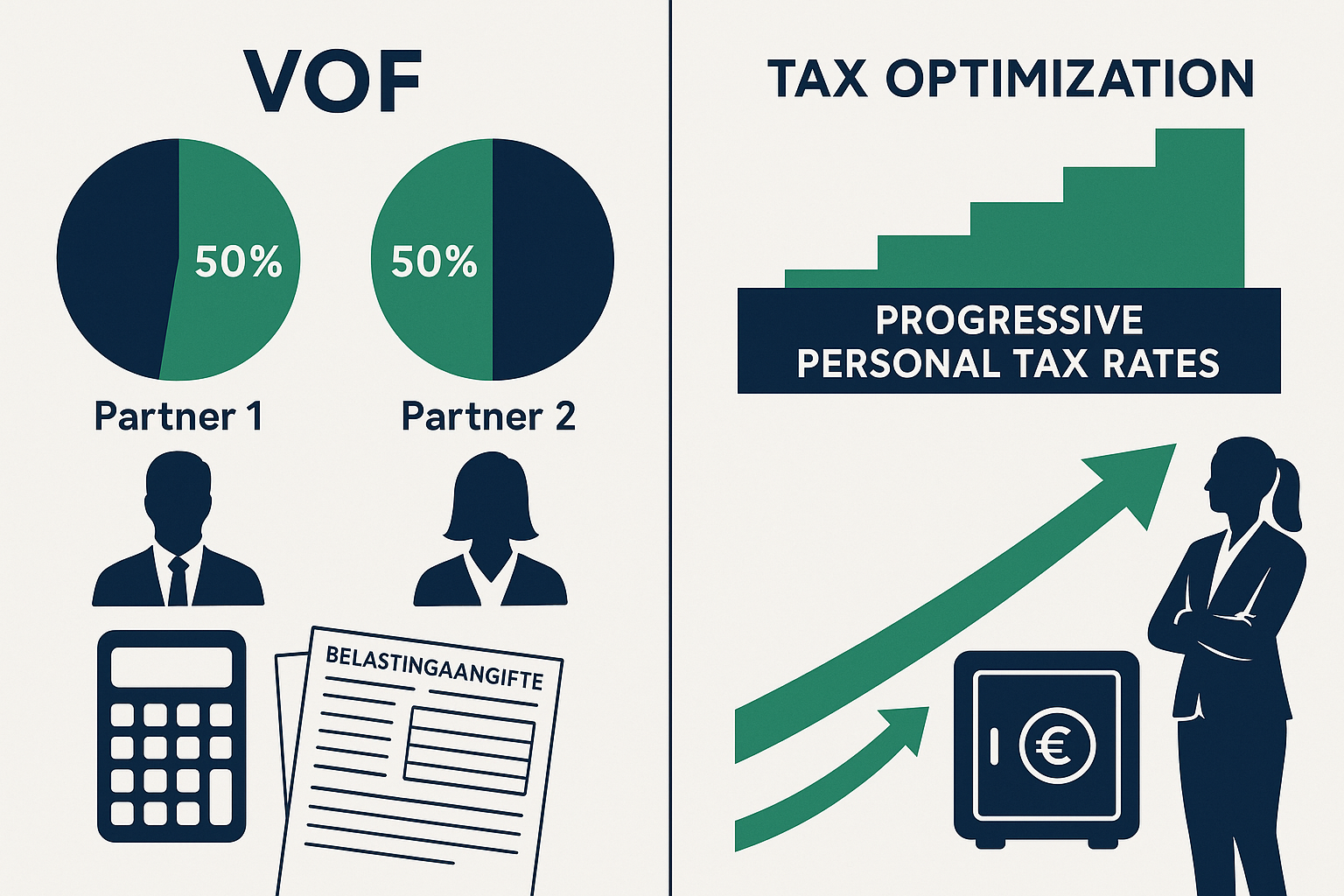 VOF Voordelen in België: Waarom Deze Vennootschapsvorm Jouw Onderneming Vooruit Helpt 3 Detailed landscape conceptual illustration (1536x1024) showing strategic financial planning for VOF structure, featuring split-screen compos