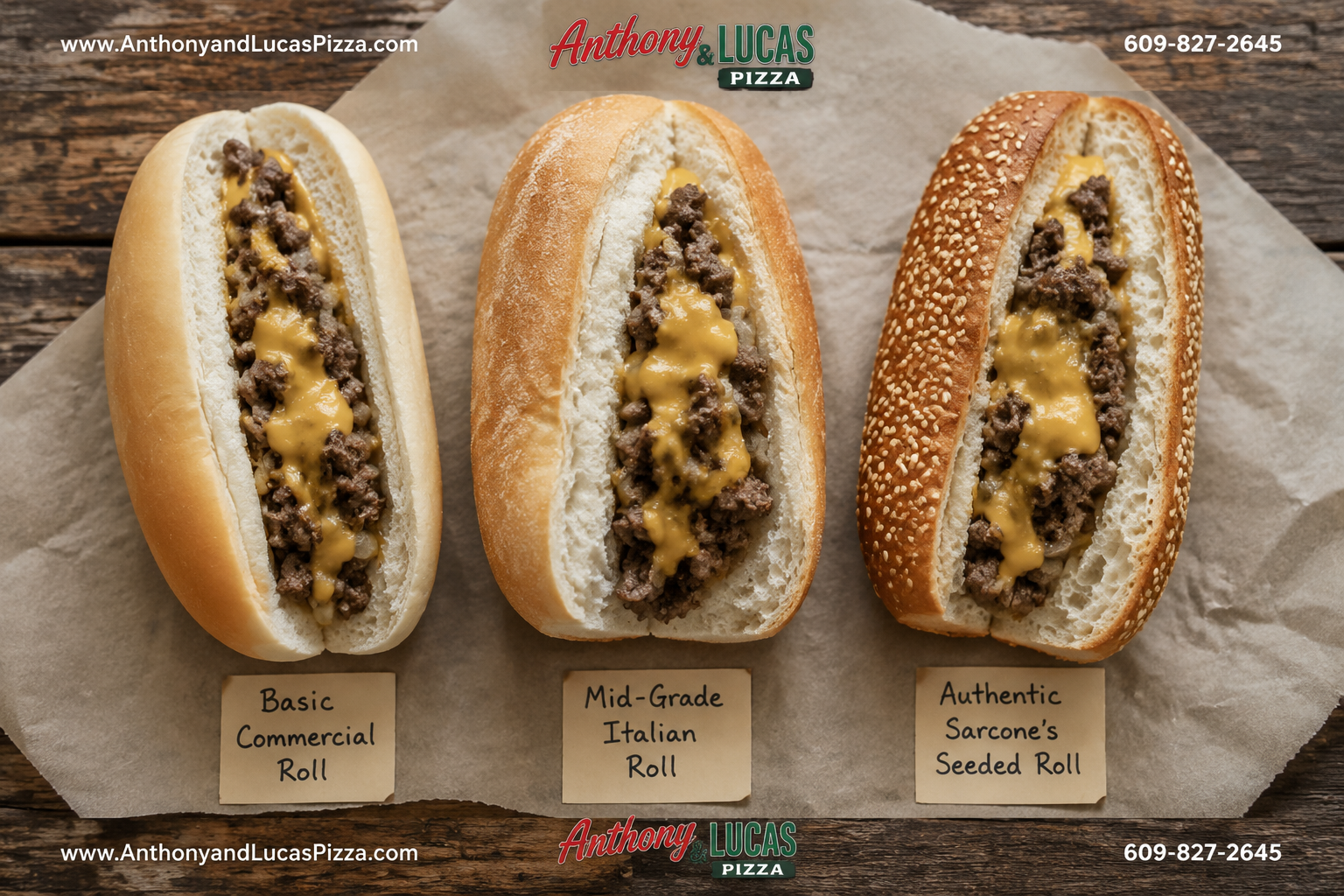 () comparison-style editorial photograph showing three different cheesesteak rolls side by side on parchment paper: a basic