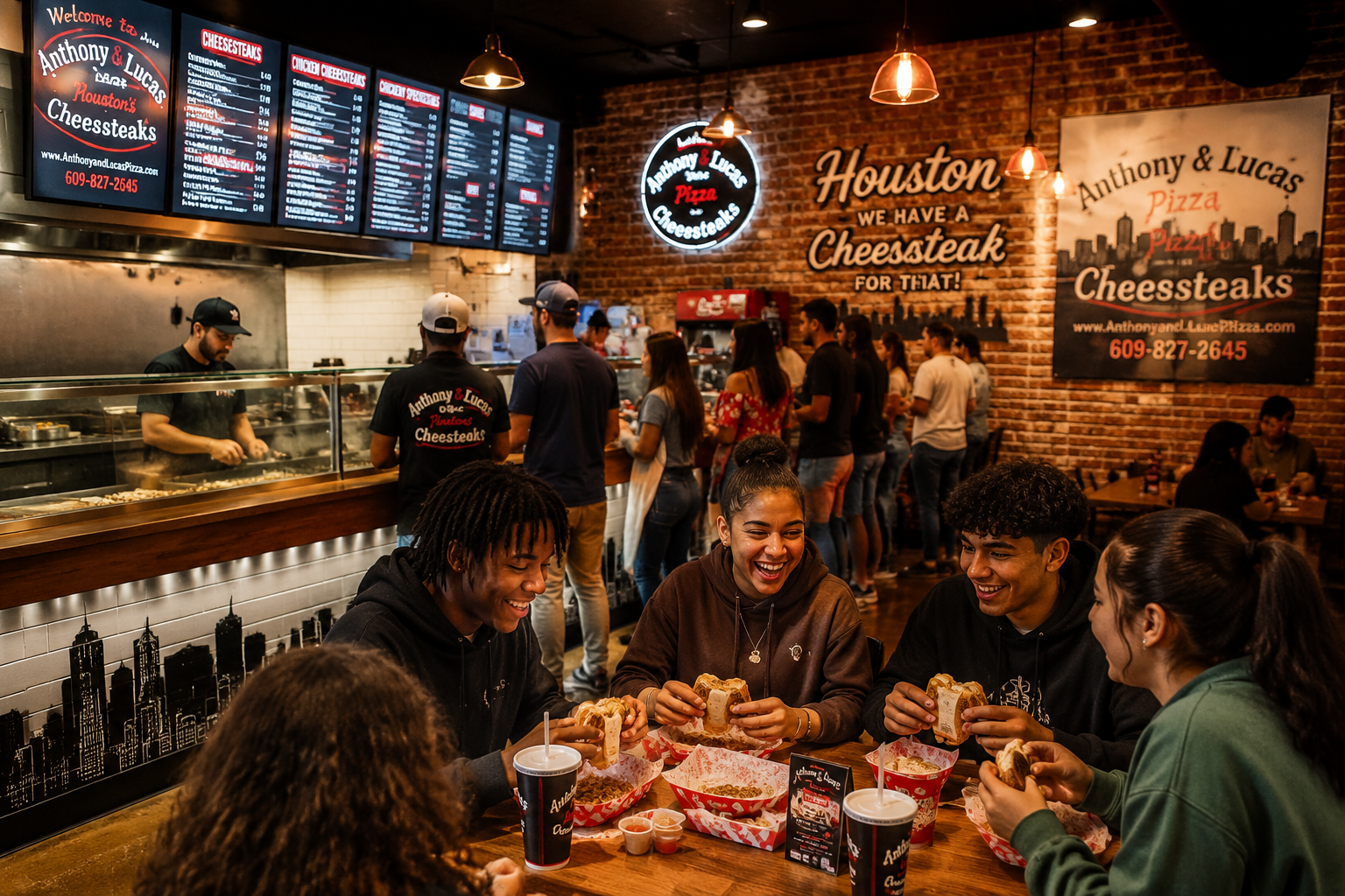 () wide editorial photograph of a vibrant Houston food scene showing a modern fast-casual cheesesteak restaurant interior