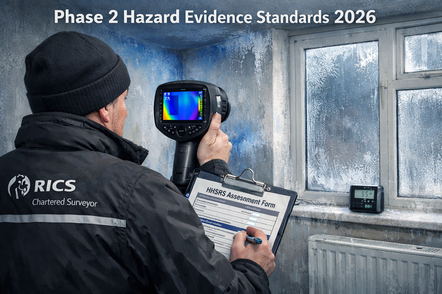 Detailed () editorial illustration showing a RICS-accredited chartered surveyor in a cold social housing flat, using a