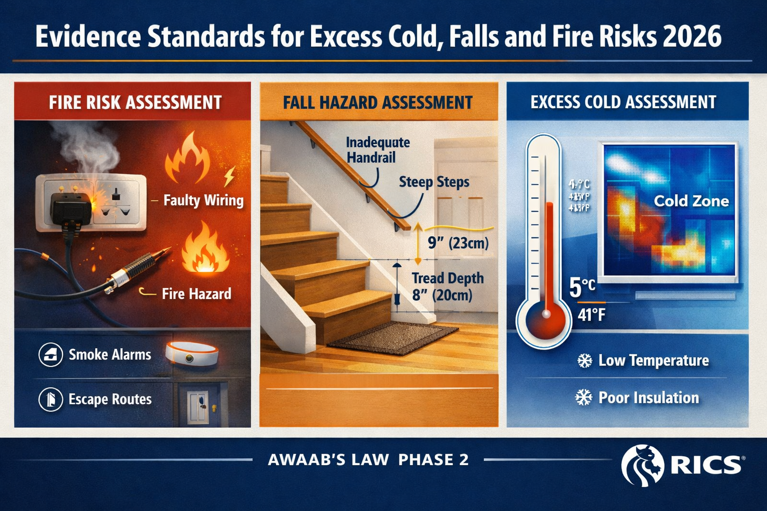 () infographic-style editorial image showing three side-by-side panels representing Awaab's Law Phase 2 hazard categories: