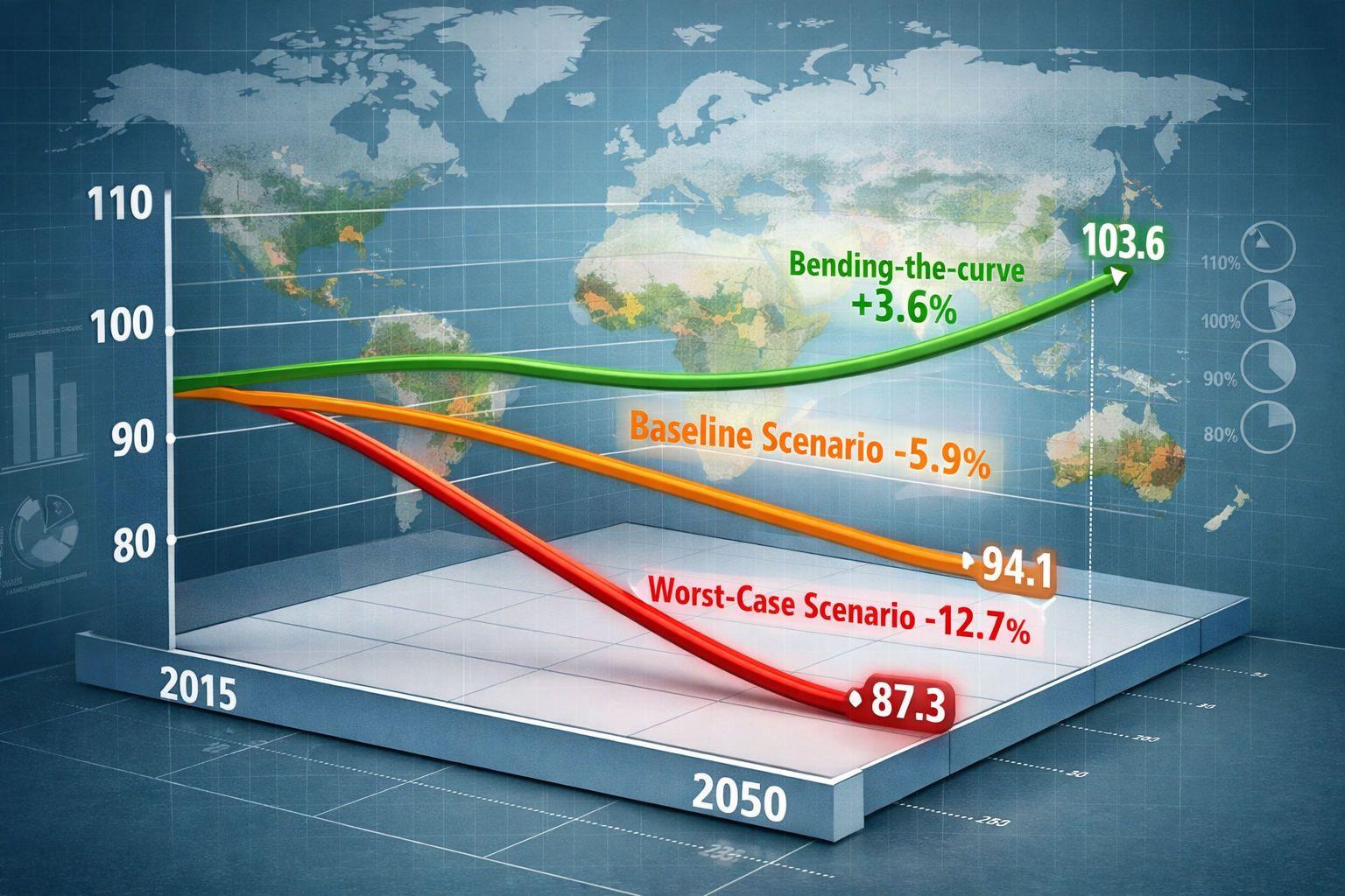 Detailed () image showing three-dimensional comparison chart of global biodiversity scenarios from 2015 to 2050, featuring