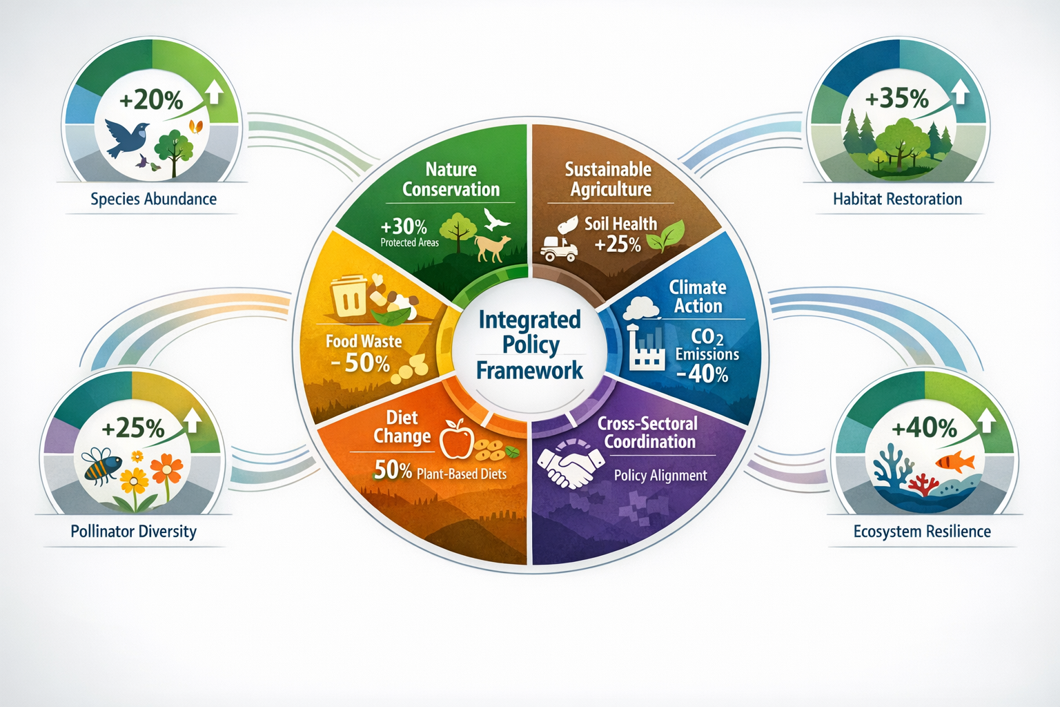 Detailed () conceptual infographic showing integrated policy framework wheel diagram at center with six interconnected