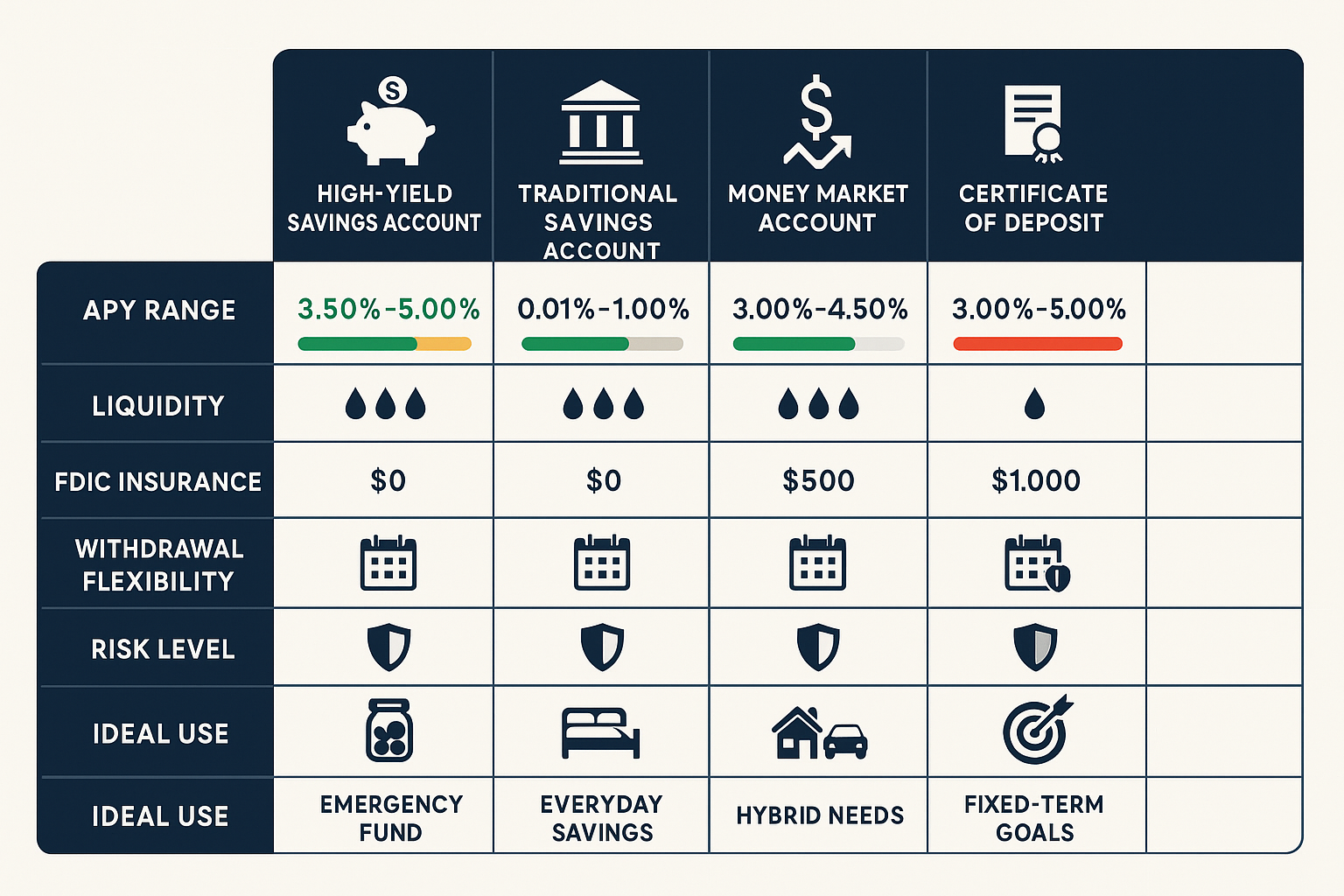 Comprehensive comparison table visualization (1536x1024) displaying four savings vehicles side-by-side: High-Yield Savings Account, Traditio