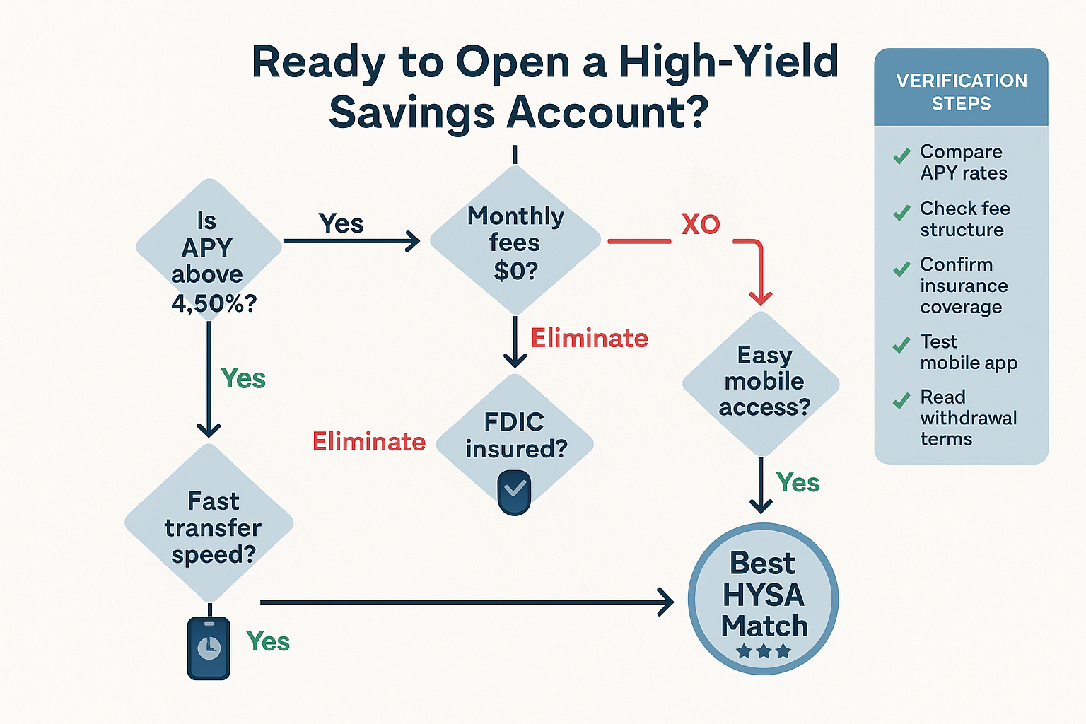 Step-by-step decision flowchart (1536x1024) for selecting the best high-yield savings account in 2025. Top features starting question in bol
