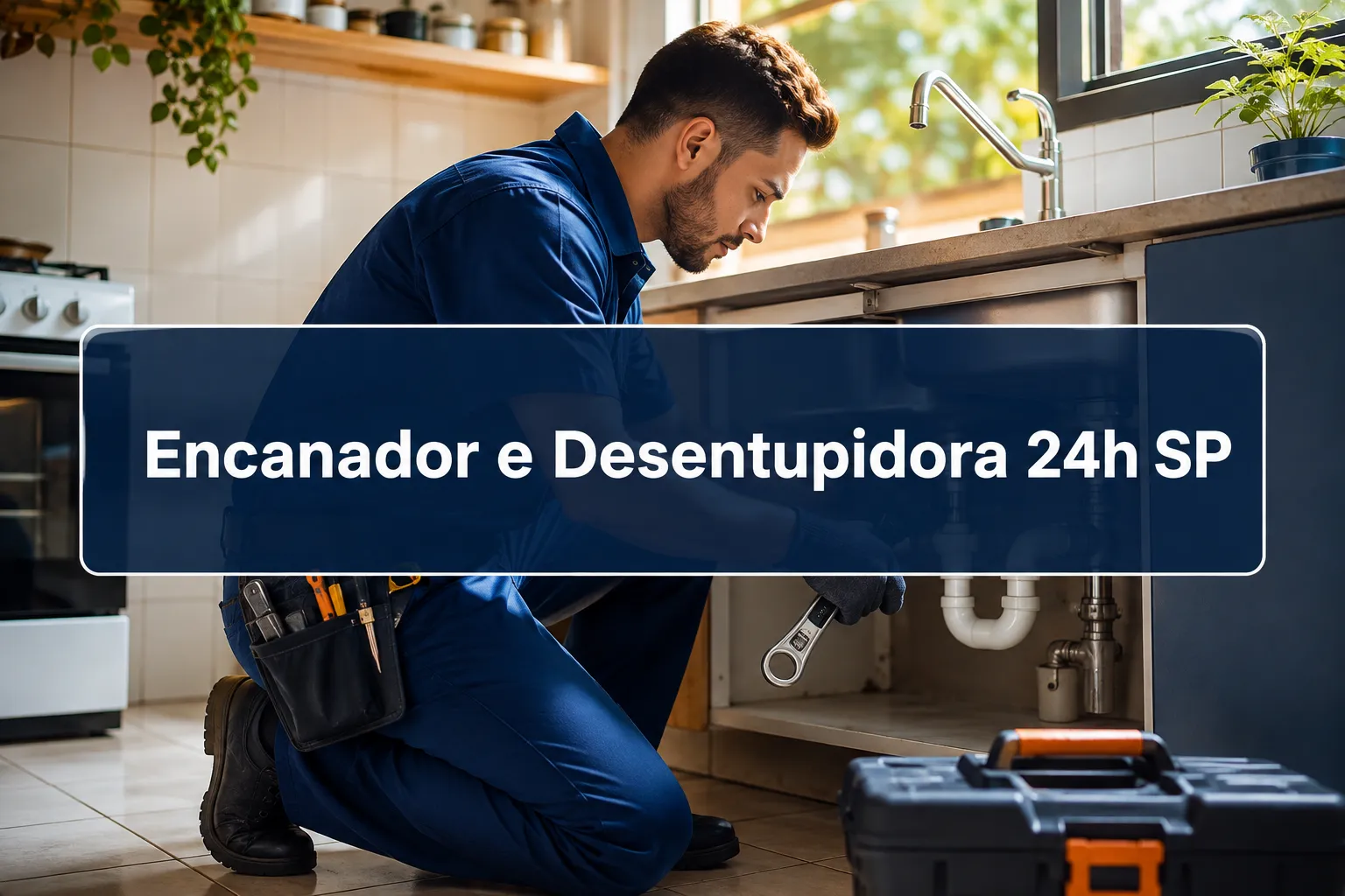 Professional () hero image with (≤42 chars): 'Encanador e Desentupidora 24h SP' in crisp white on a deep navy