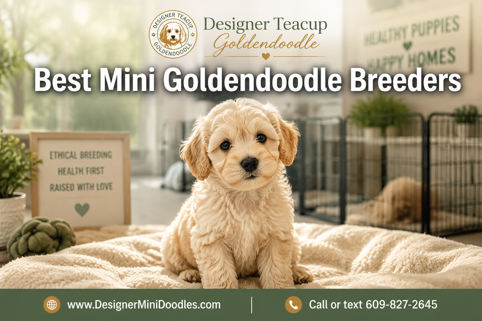 Professional () hero image with 'Best Mini Goldendoodle Breeders' in white with deep , centered in upper third. Background
