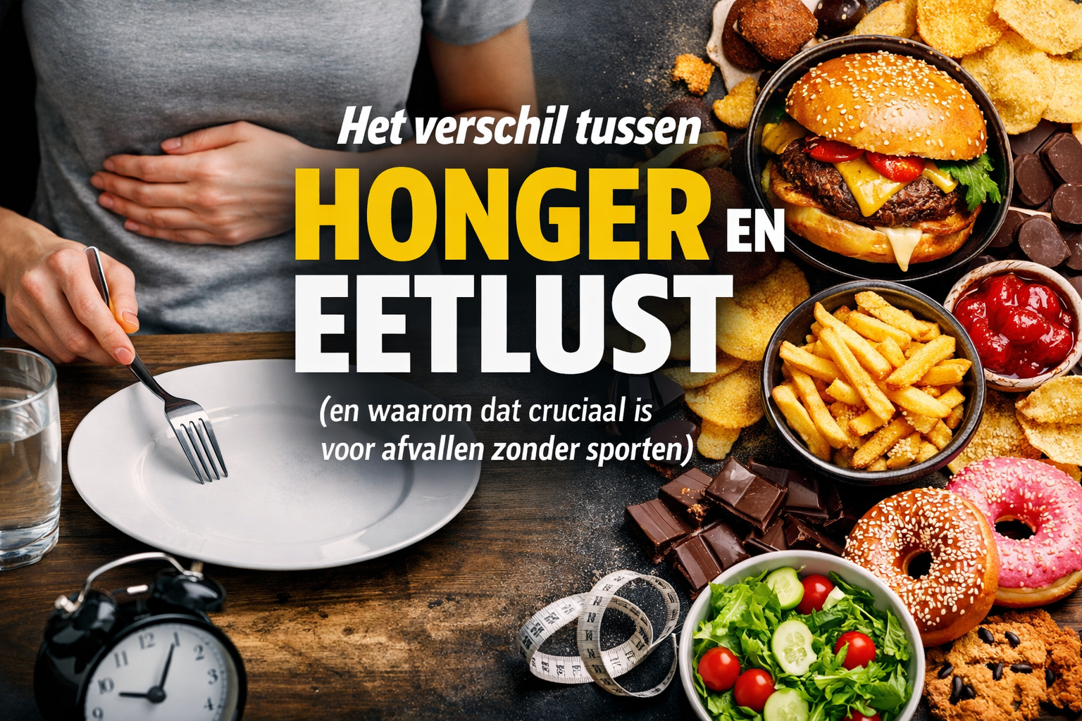 Professional landscape hero image (1536x1024) with bold text overlay: "Het verschil tussen honger en eetlust (en waarom dat cruciaal is voor