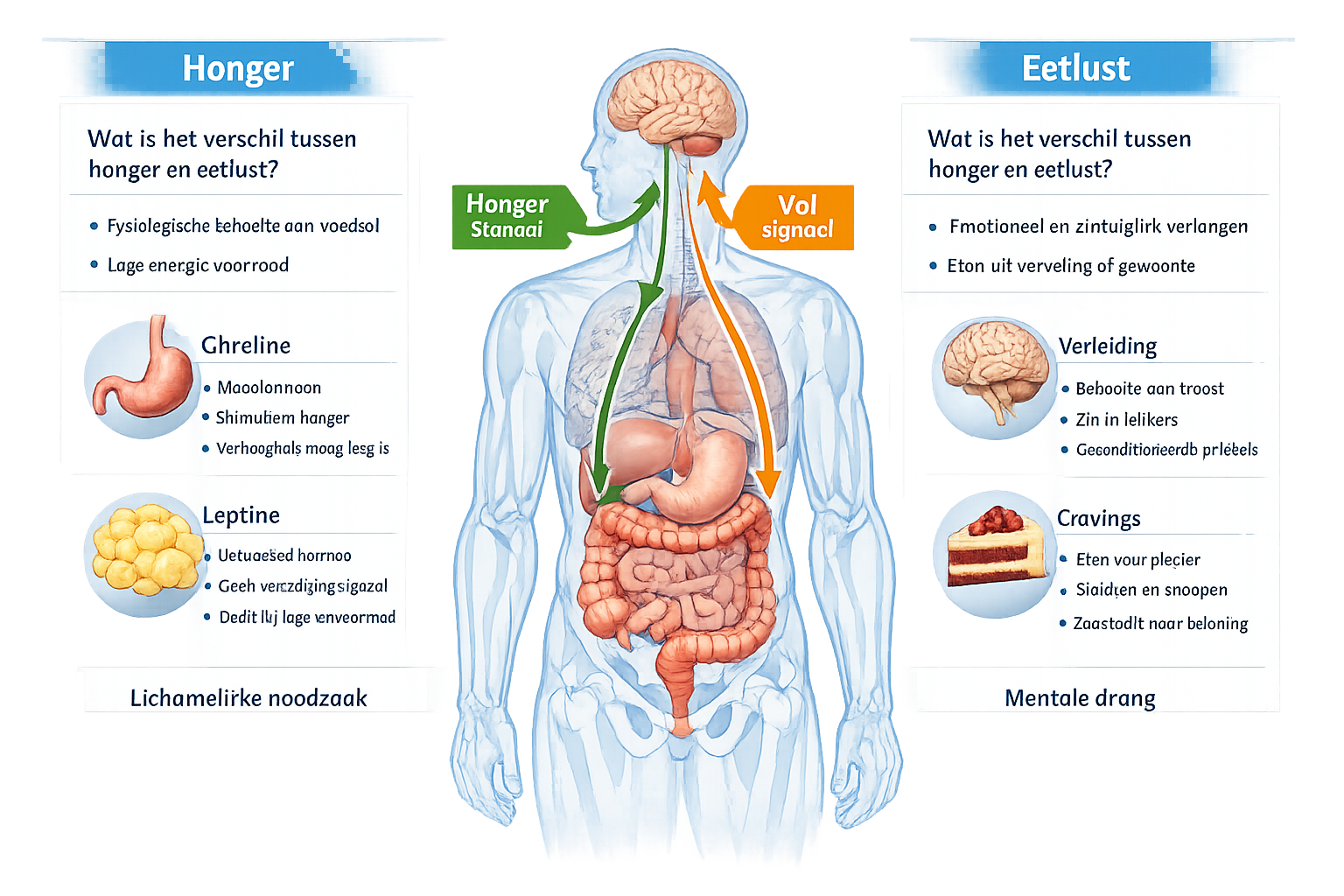Detailed anatomical illustration comparing physiological hunger versus psychological appetite, featuring transparent human body silhouette w
