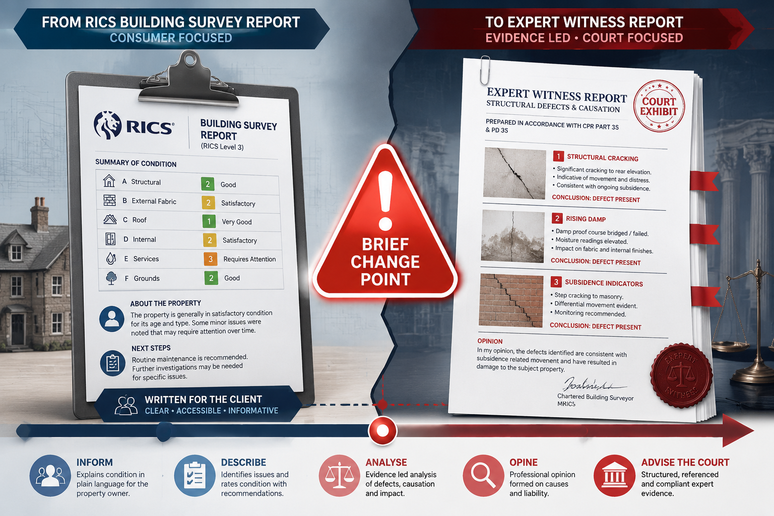 () infographic-style illustration showing a timeline arrow transforming a standard RICS building survey report into a formal