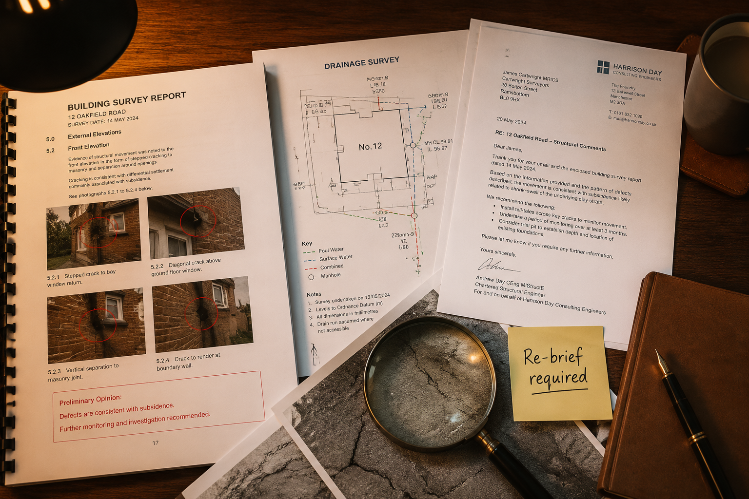 () close-up aerial overhead shot of a surveyor's desk covered with technical documents: a building survey report with red