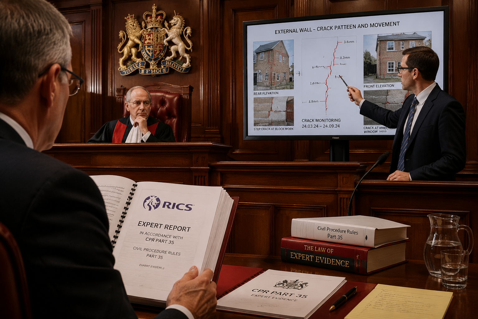 () courtroom-perspective illustration showing a formal expert witness stand with a building surveyor presenting annotated