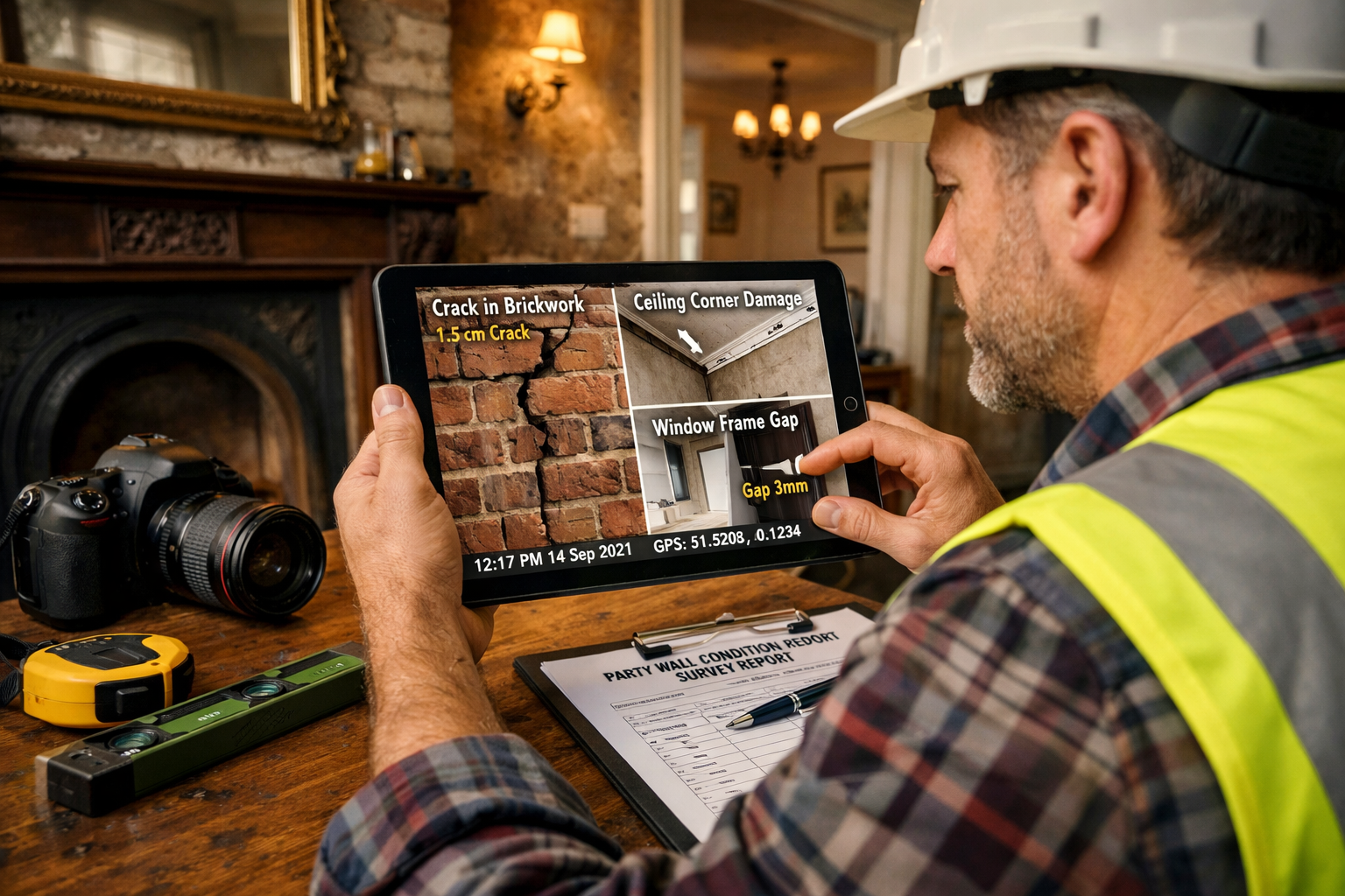 () detailed image showing professional surveyor conducting pre-work inspection with modern digital tablet and