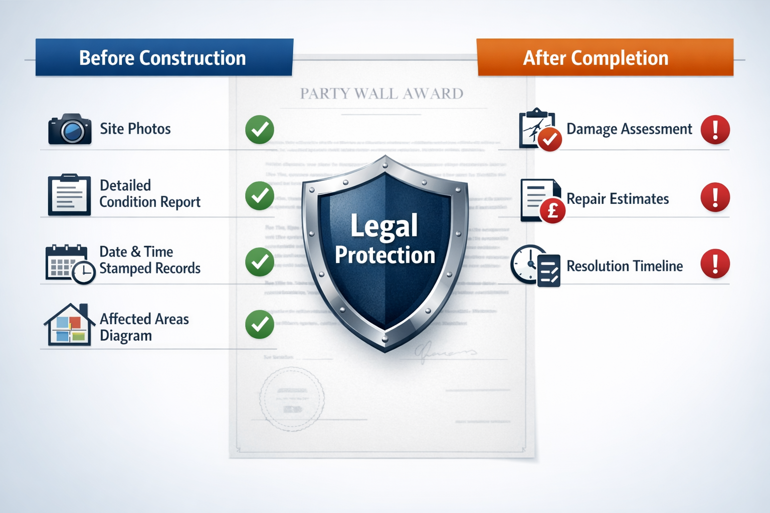 () informational infographic-style image displaying comparison table of pre-work versus post-work documentation