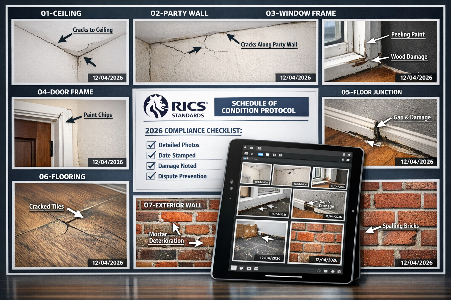 () technical demonstration image showing best practice digital photography protocol for schedule of condition documentation.