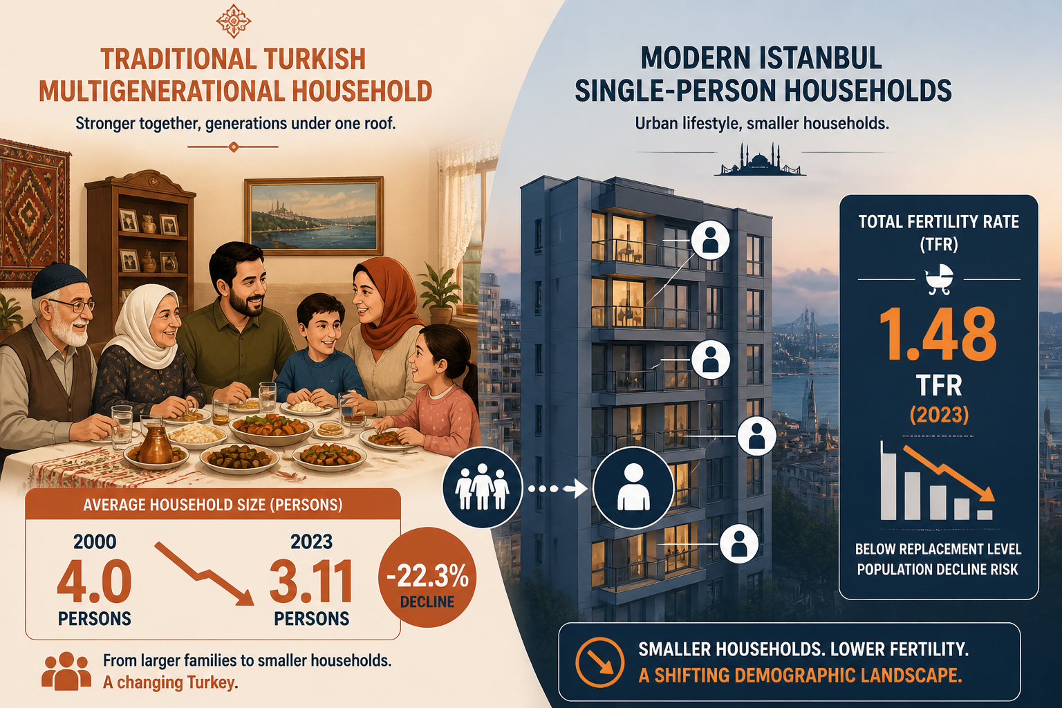 () editorial illustration showing a split-scene infographic: left side depicts a traditional Turkish multigenerational