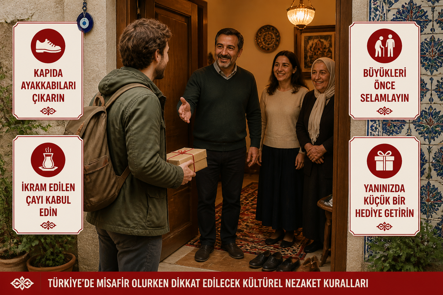 () editorial photo-illustration showing a Turkish family welcoming a foreign visitor at their home threshold &mdash; the visitor