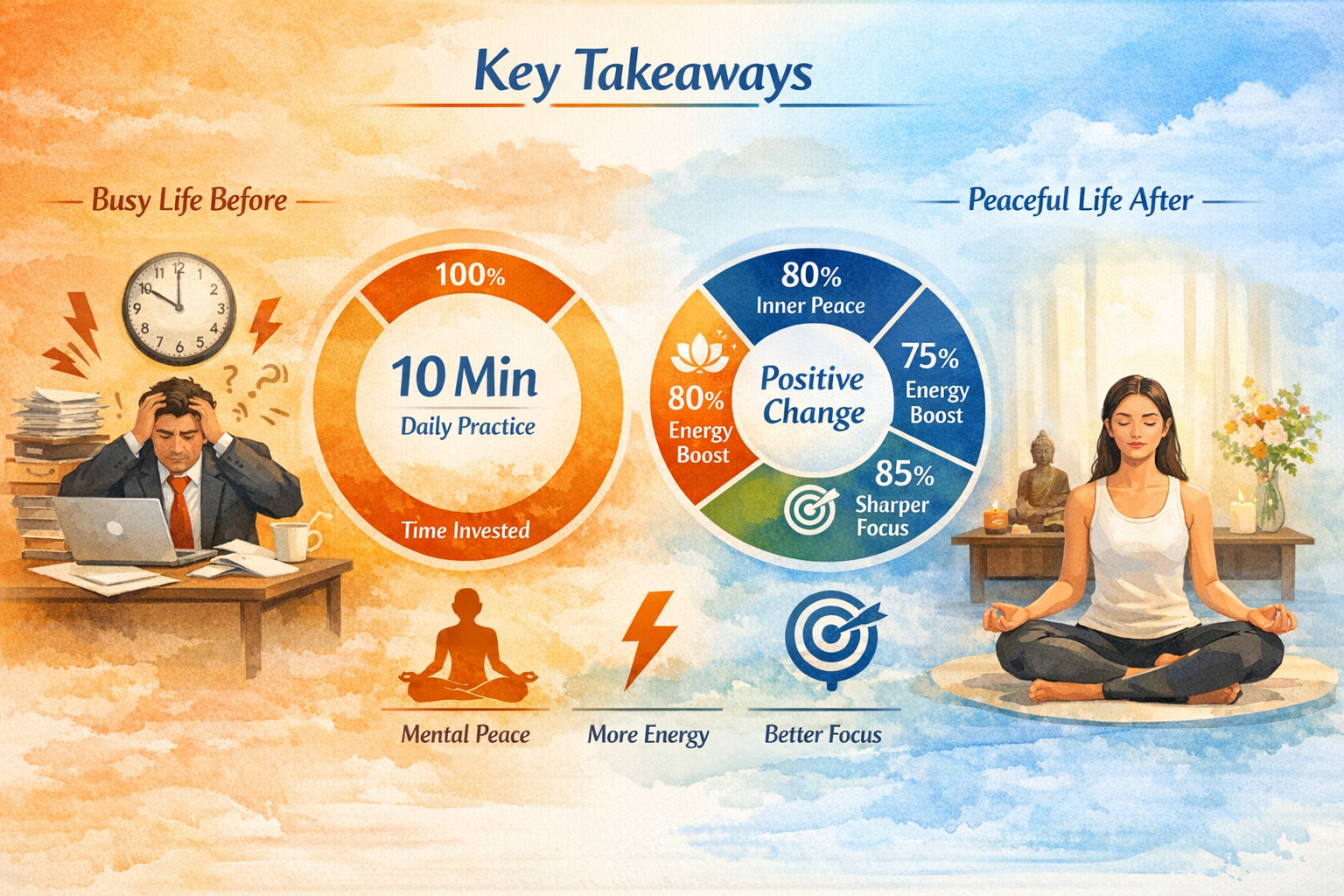 Do not write in Hindi on the images. Must write in English only. Section 1: Key Takeaways visualization - A split-screen infographic in warm