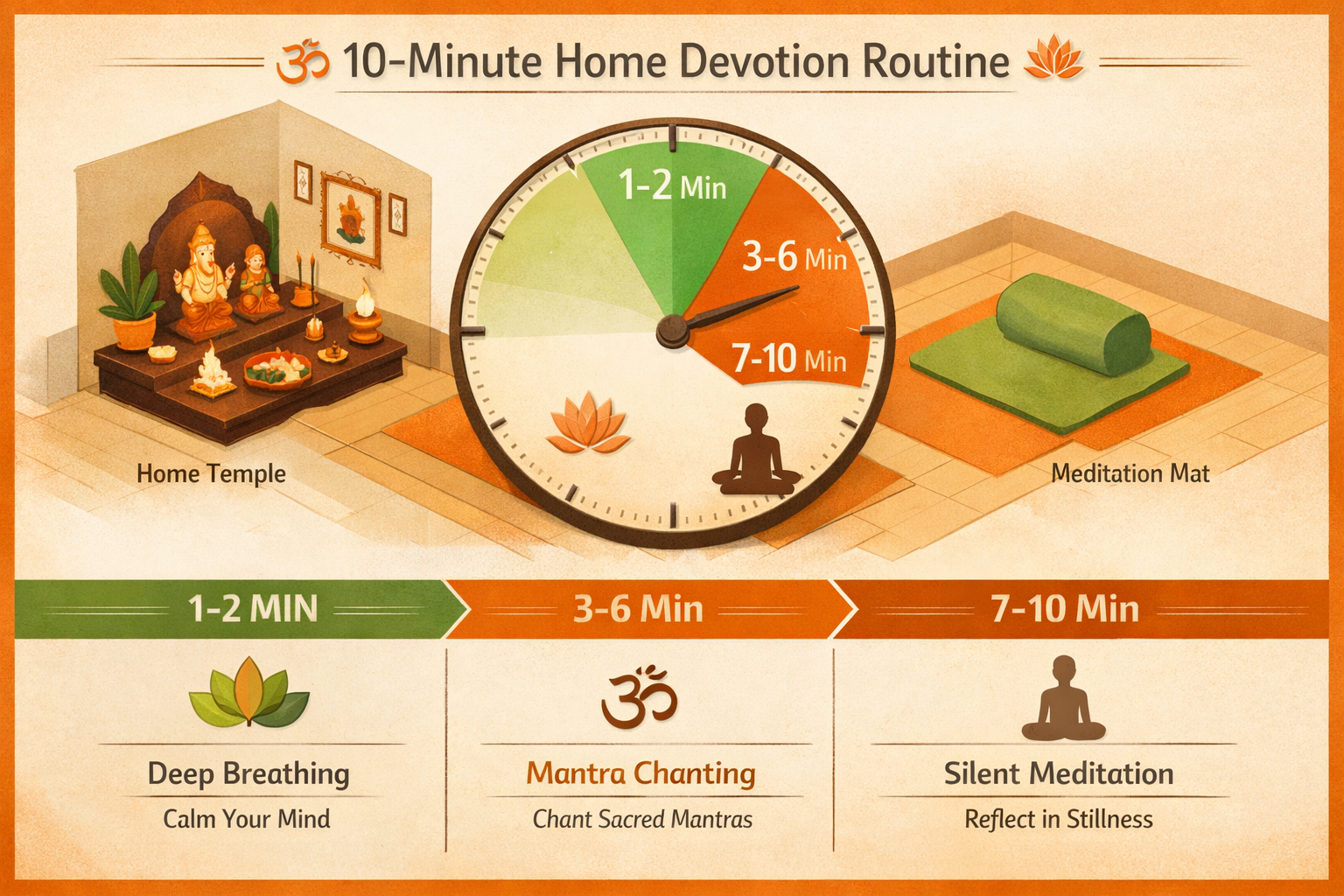 Do not write in Hindi on the images. Must write in English only. Section 2: Home Devotion Routine visualization - Detailed step-by-step visu