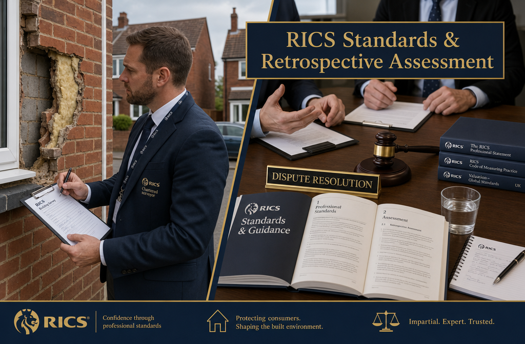 Detailed () illustration showing a split-scene: left side depicts a RICS-accredited chartered surveyor in a suit examining