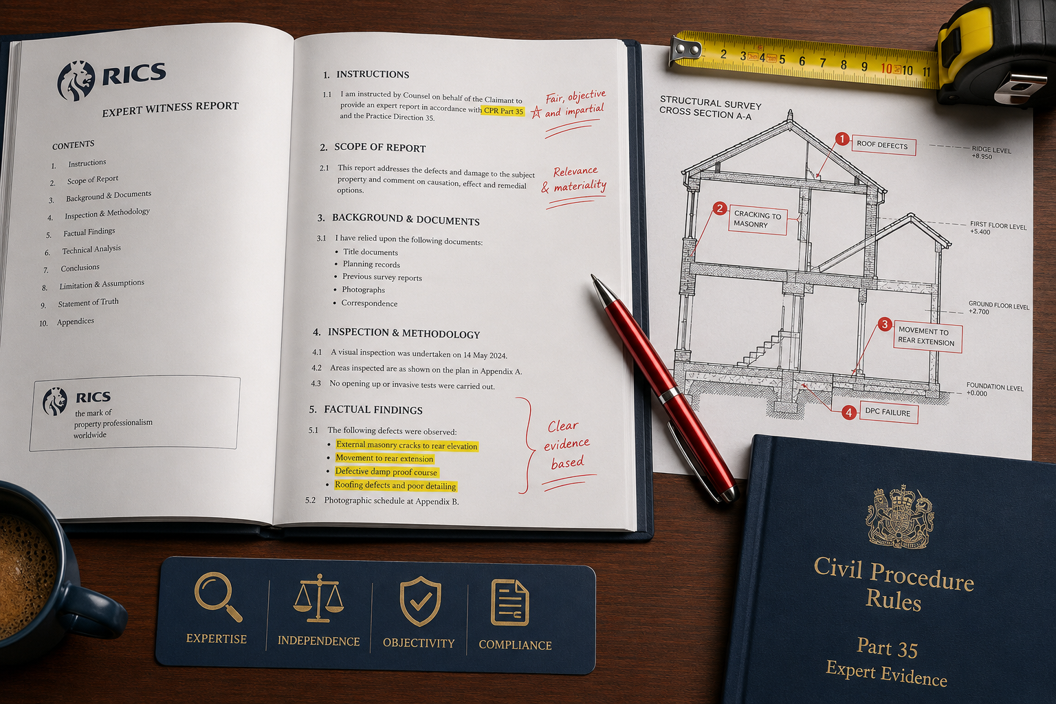 () close-up overhead flat-lay composition on a mahogany desk: an open RICS expert witness report document with highlighted